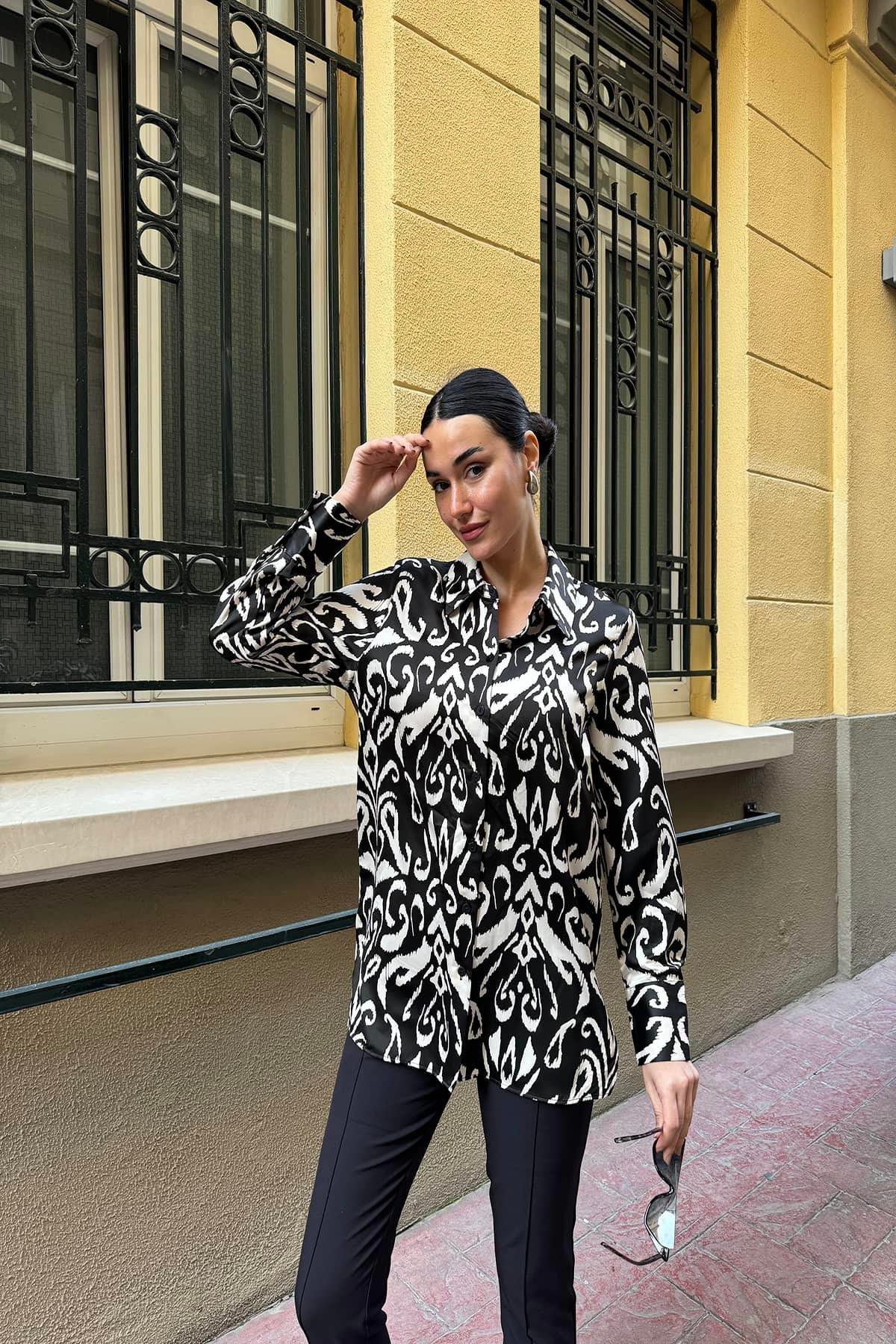 For You Modest Desenli Saten Modest Uzun Siyah Gömlek For You Modest Desenli Saten Modest Uzun Siyah Gömlek