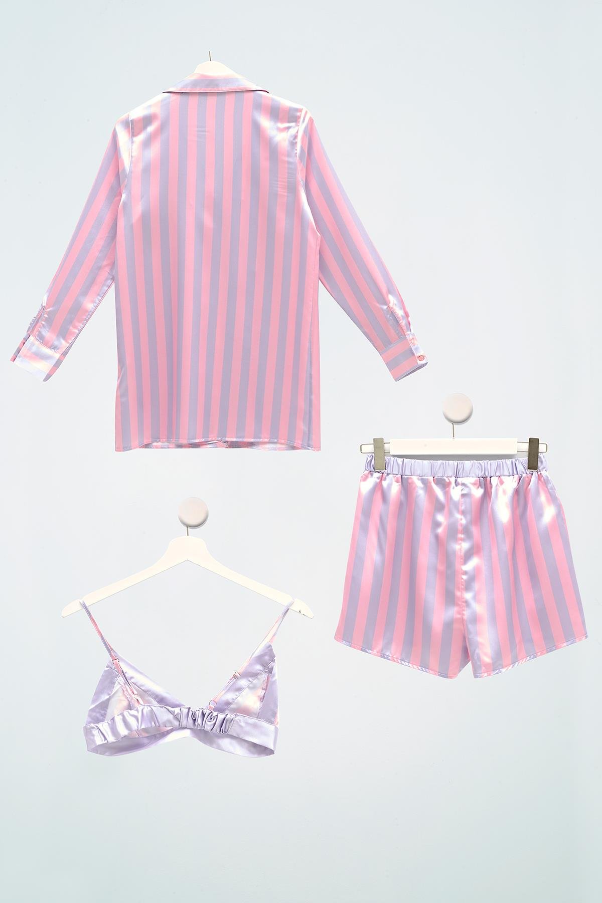 For You Sleepwear 3 lü Bustiyerli Çizgili Lila Pijama Şort Takım For You Sleepwear For You Sleepwear 3 lü Bustiyerli Çizgili Lila Pijama Şort Takım