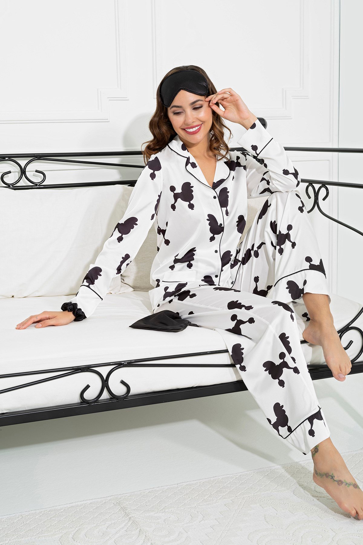 For You Sleepwear/For You Moda For You Sleepwear For You Sleepwear 6 lı Köpek Desen Beyaz Saten Pijama Takımı 