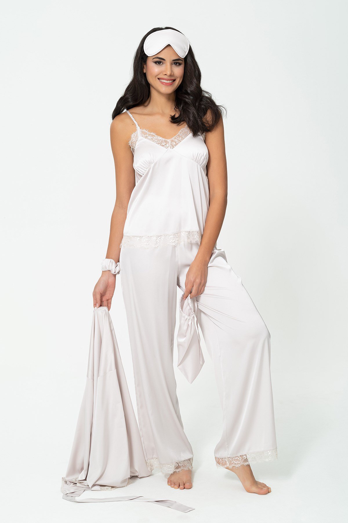 For You Sleepwear/For You Moda For You Sleepwear For You Sleepwear 6 lı Dantelli Sabahlık Atlet Pantolon Gri Pijama Takım 