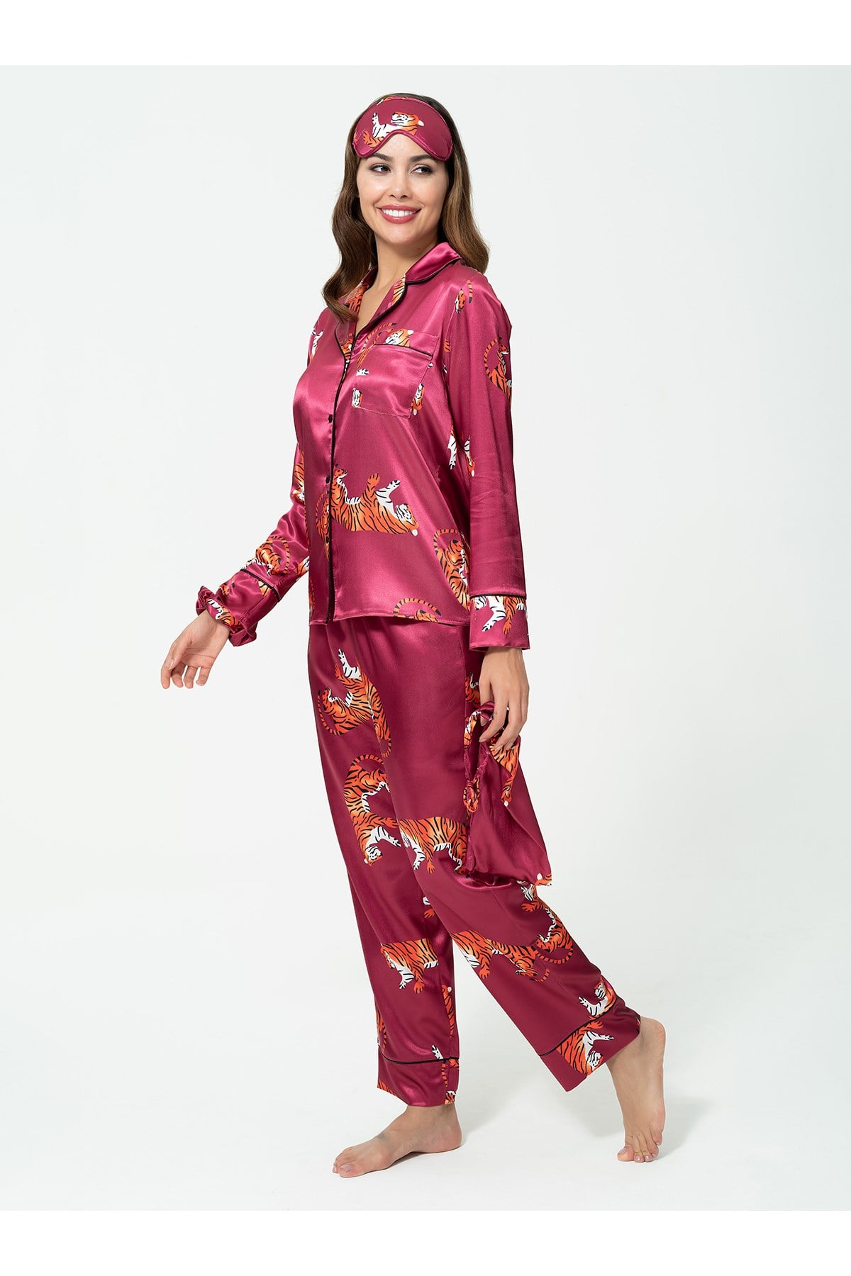For You Sleepwear/For You Moda For You Sleepwear For You Sleepwear Saten 7 li  Kaplan Desenli  Pijama Takım 