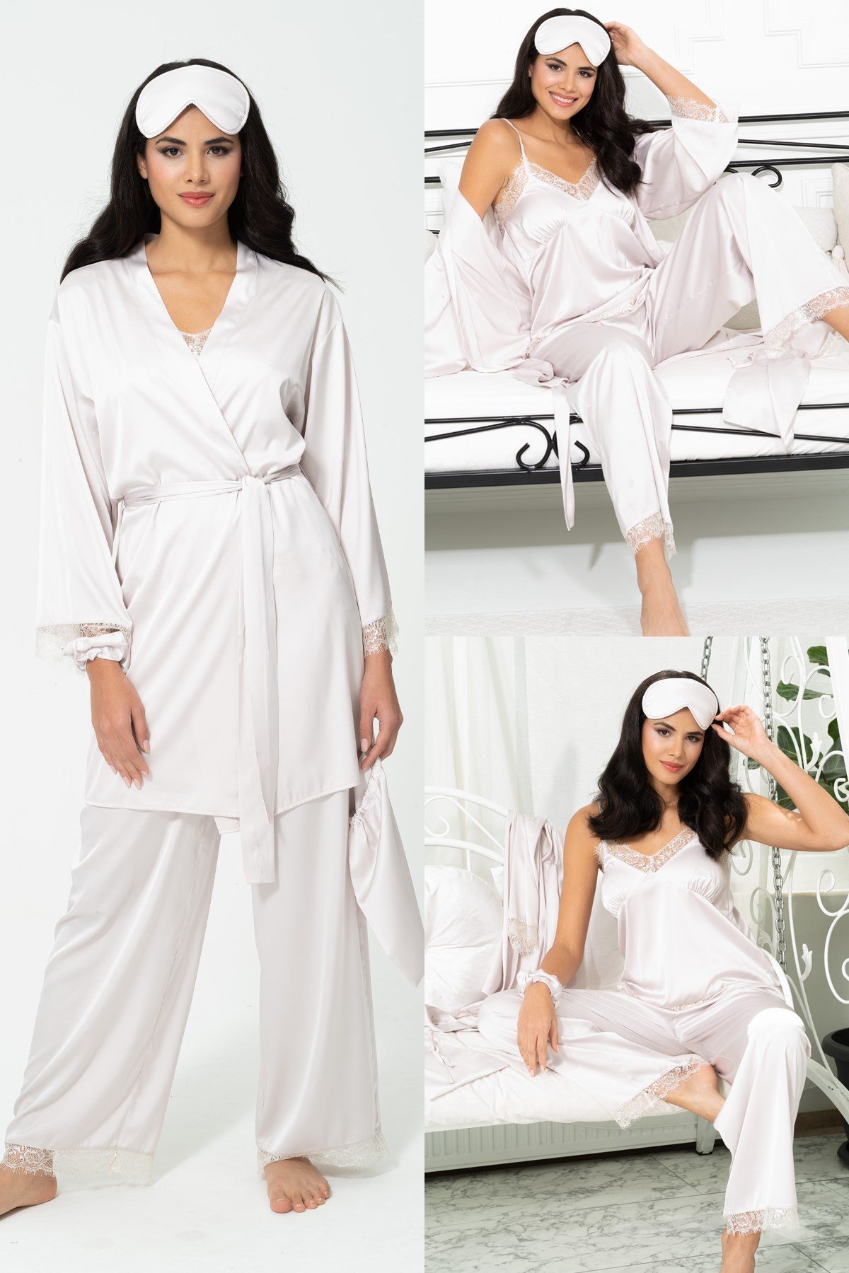 For You Sleepwear/For You Moda For You Sleepwear For You Sleepwear 6 lı Dantelli Sabahlık Atlet Pantolon Gri Pijama Takım 