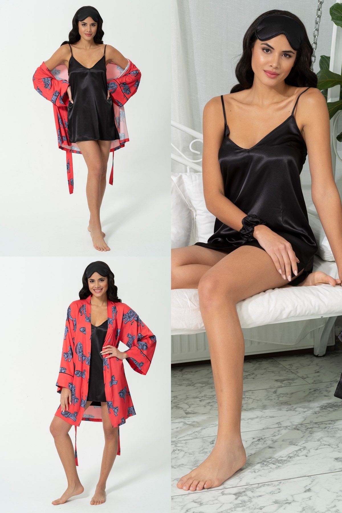 For You Sleepwear/For You Moda For You Sleepwear For You Sleepwear 5 li Kaplan Desen Kırmızı Saten Pijama Takımı