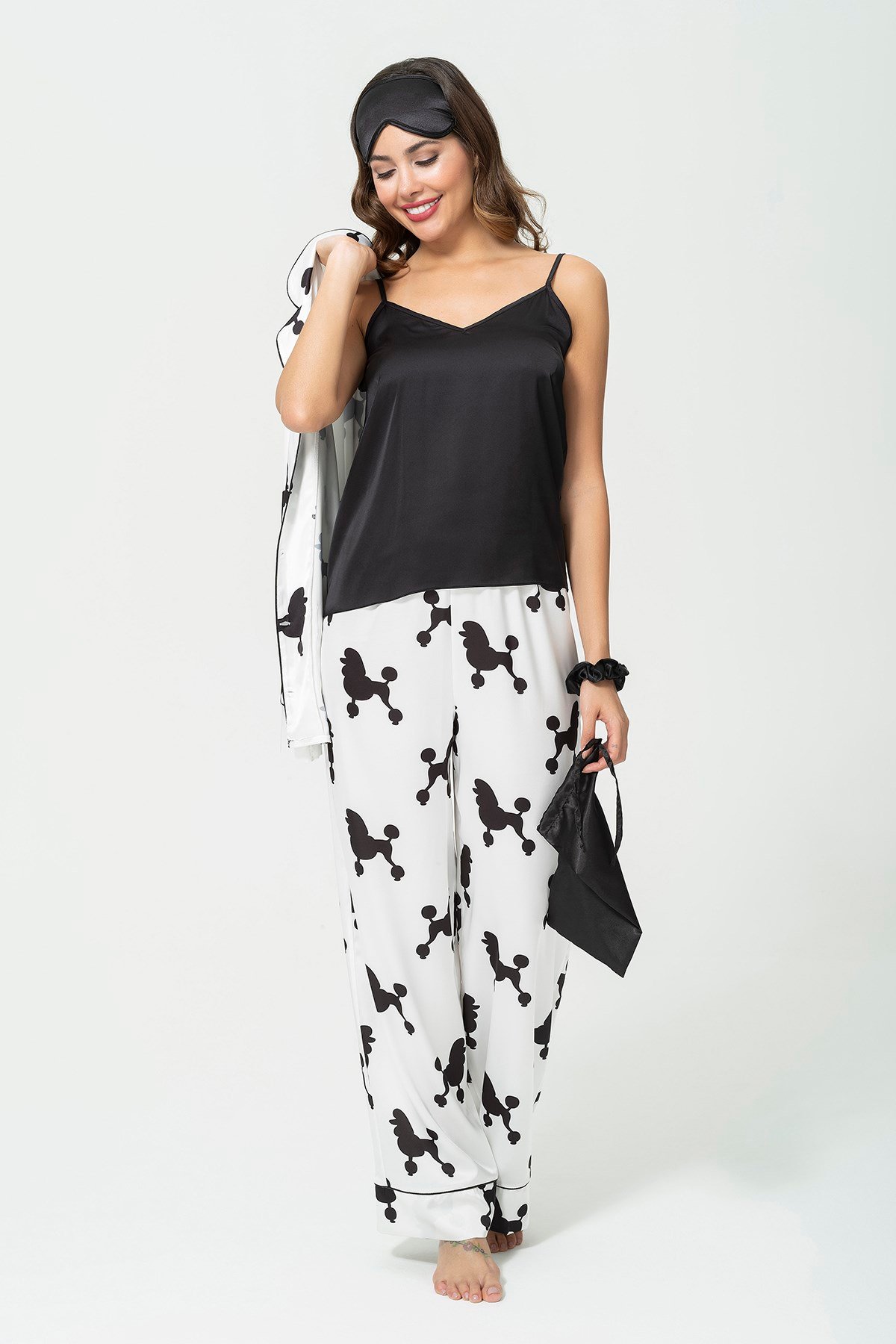 For You Sleepwear/For You Moda For You Sleepwear For You Sleepwear 6 lı Köpek Desen Beyaz Saten Pijama Takımı 