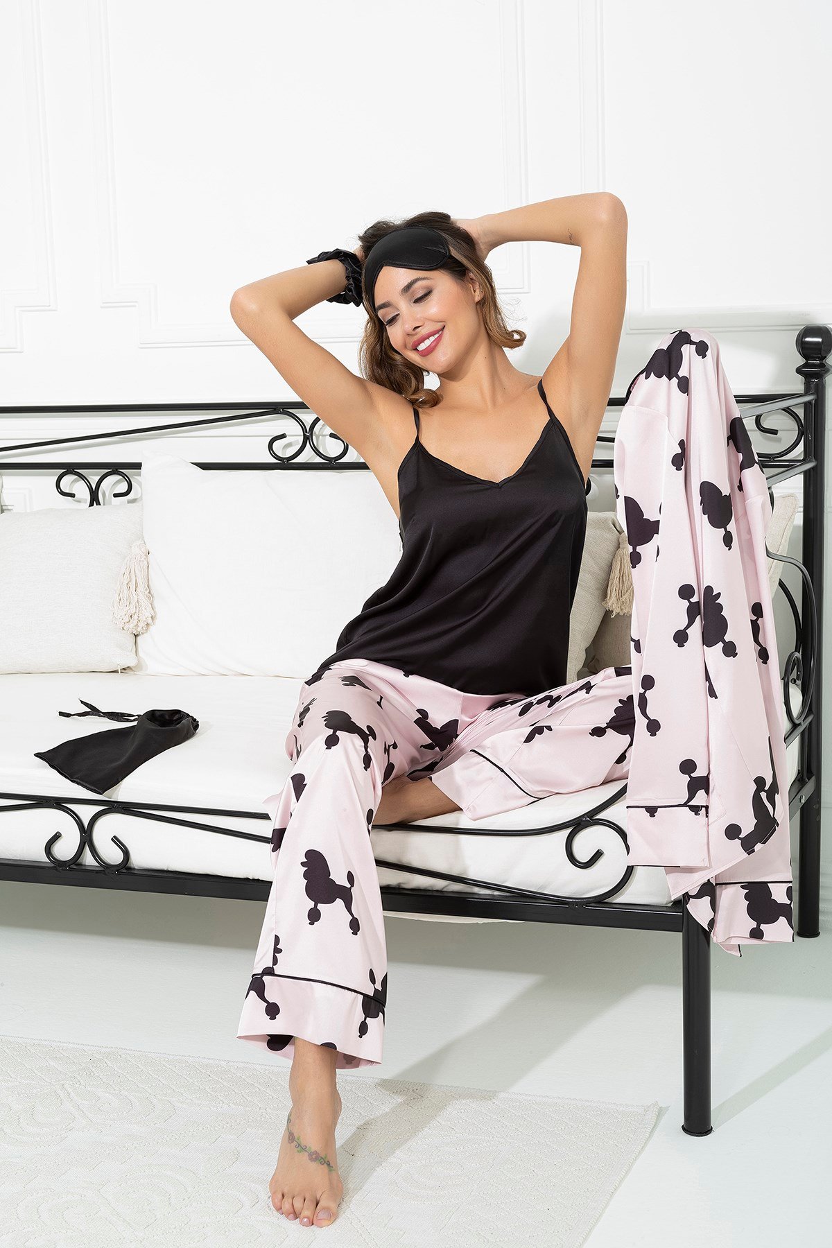 For You Sleepwear/For You Moda For You Sleepwear For You Sleepwear 6 lı Köpek Desen Pembe Saten Pijama Takımı 