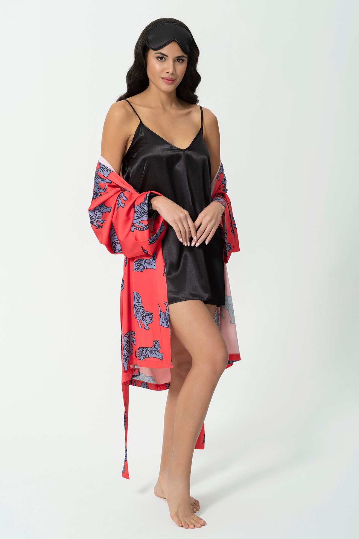 For You Sleepwear/For You Moda For You Sleepwear For You Sleepwear 5 li Kaplan Desen Kırmızı Saten Pijama Takımı