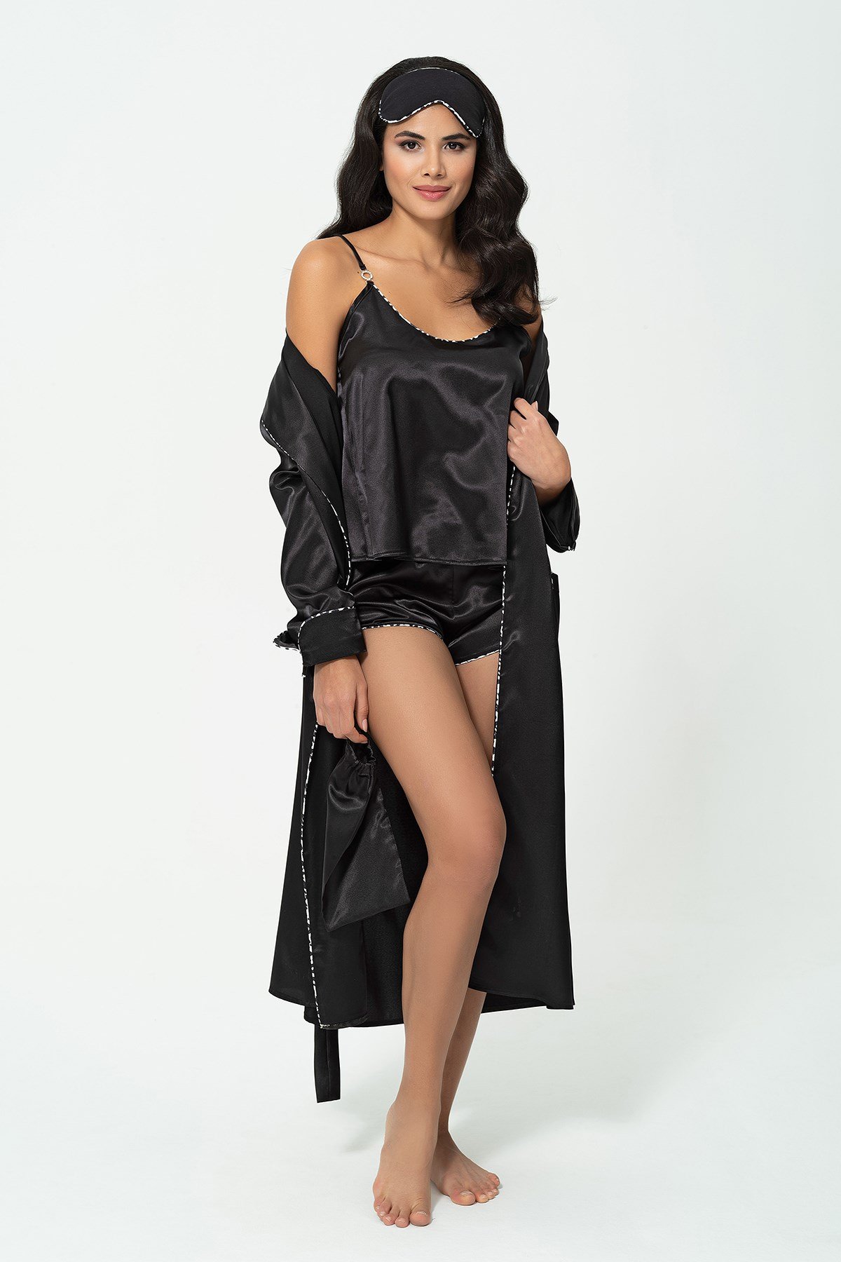 For You Sleepwear 6 lı Leopar Biye Detaylı Sabahlık Atlet Şort Siyah Pijama Takım  For You Sleepwear For You Sleepwear 6 lı Leopar Biye Detaylı Sabahlık Atlet Şort Siyah Pijama Takım 