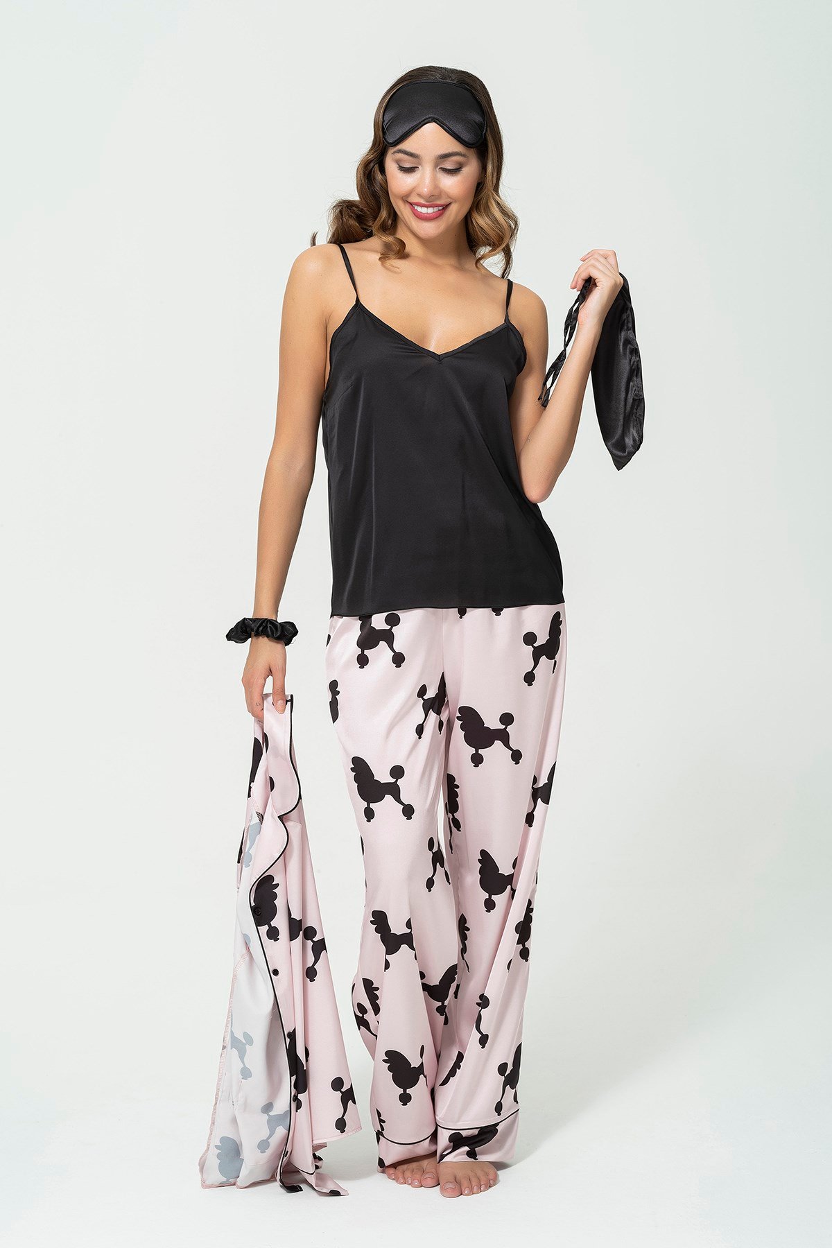 For You Sleepwear/For You Moda For You Sleepwear For You Sleepwear 6 lı Köpek Desen Pembe Saten Pijama Takımı 