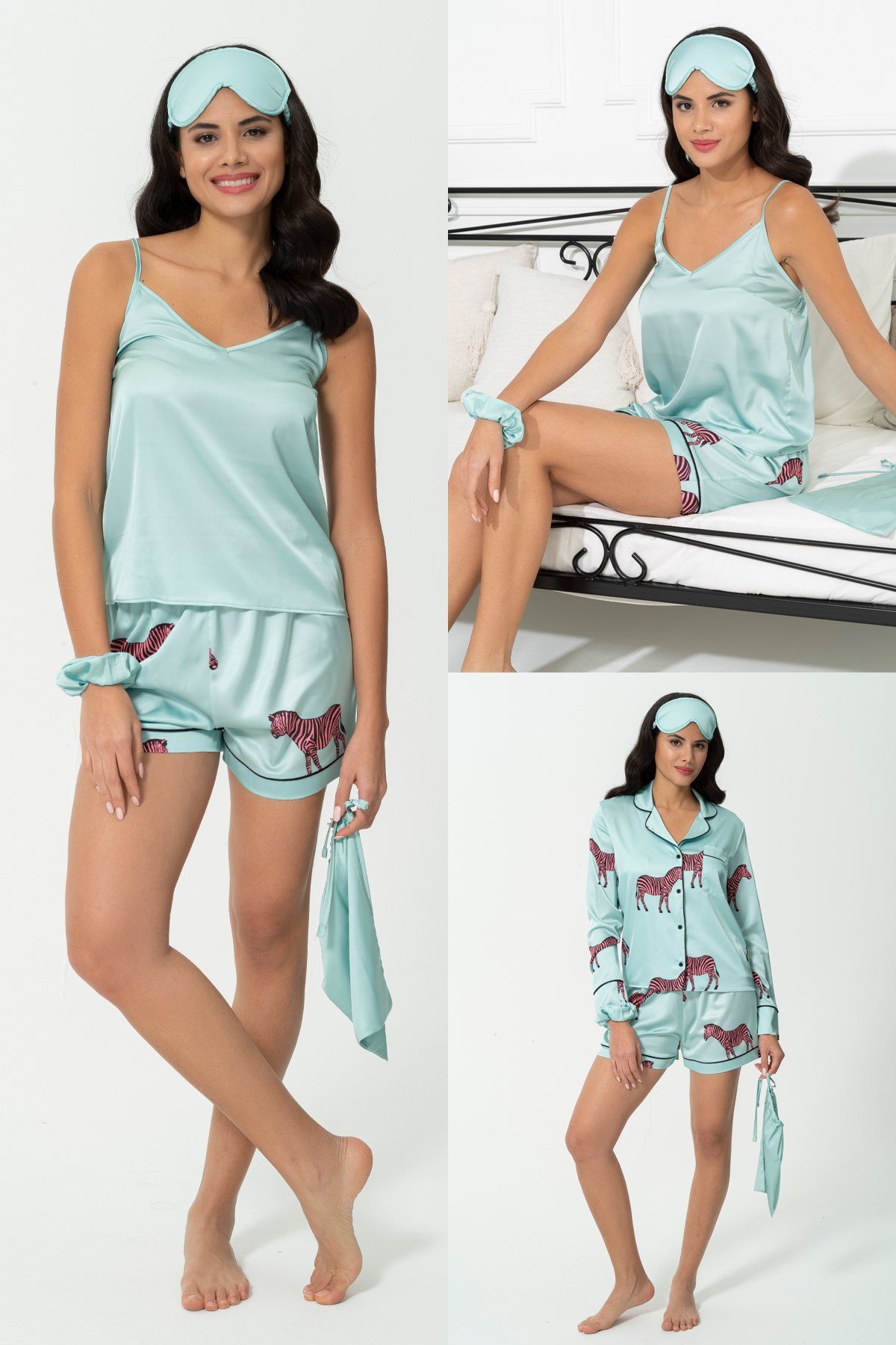 For You Sleepwear/For You Moda For You Sleepwear For You Sleepwear 6 lı Zebra Desen Yeşil Saten Pijama Şort Takım