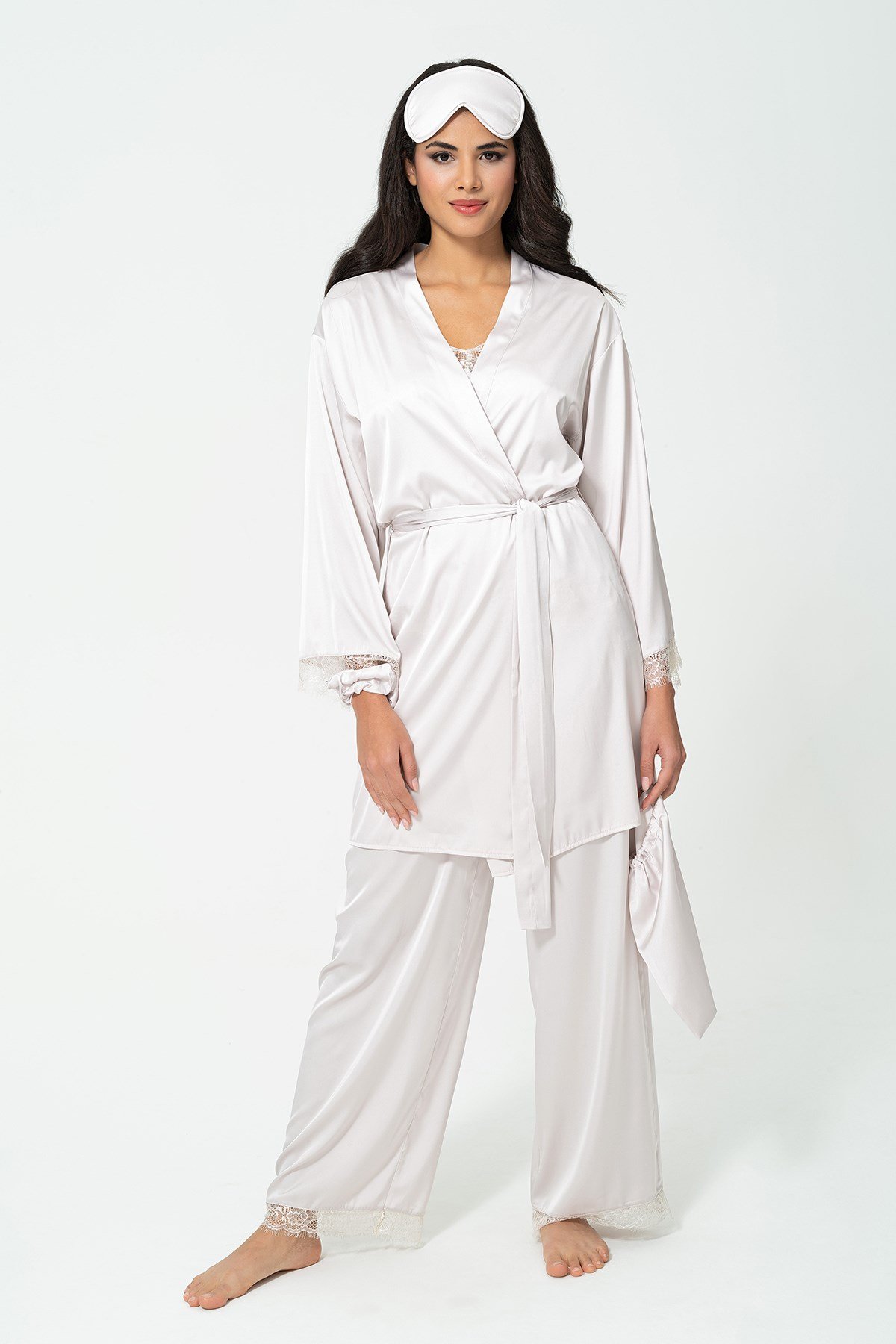 For You Sleepwear/For You Moda For You Sleepwear For You Sleepwear 6 lı Dantelli Sabahlık Atlet Pantolon Gri Pijama Takım 