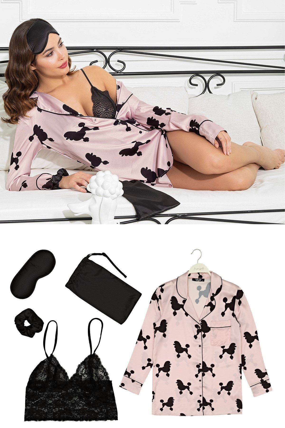 For You Sleepwear/For You Moda For You Sleepwear For You Sleepwear Saten 5 li Köpek Desenli Nightshirt Takım 