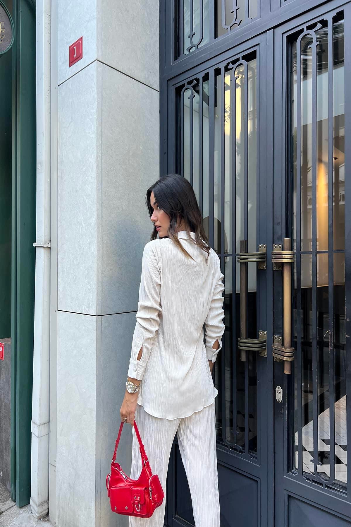 2'li Piliseli Gömlek Pantolon Taş Takım  For You Woman 2'li Piliseli Gömlek Pantolon Taş Takım