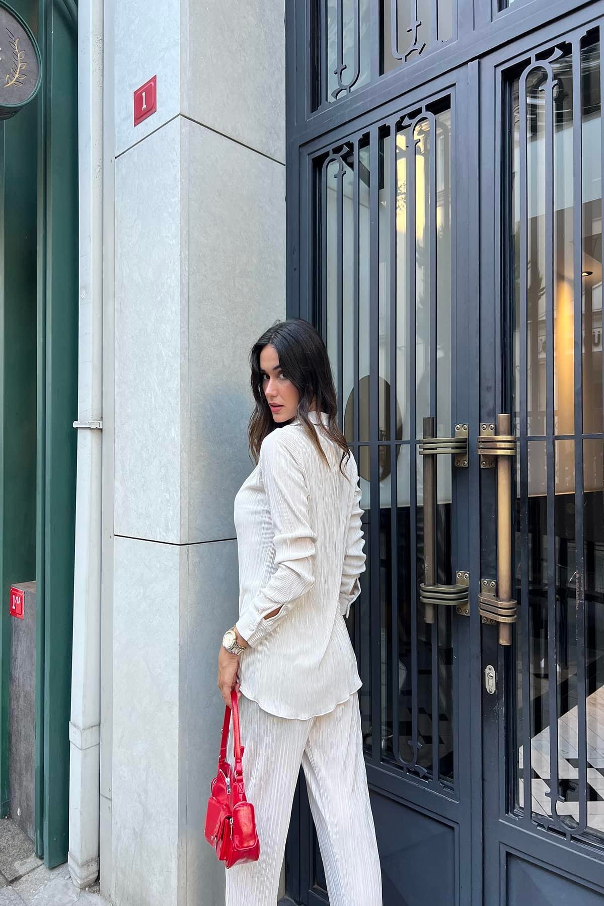 2'li Piliseli Gömlek Pantolon Taş Takım  For You Woman 2'li Piliseli Gömlek Pantolon Taş Takım