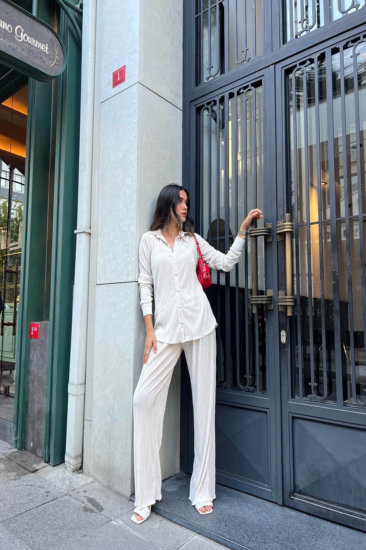 2'li Piliseli Gömlek Pantolon Taş Takım  For You Woman 2'li Piliseli Gömlek Pantolon Taş Takım