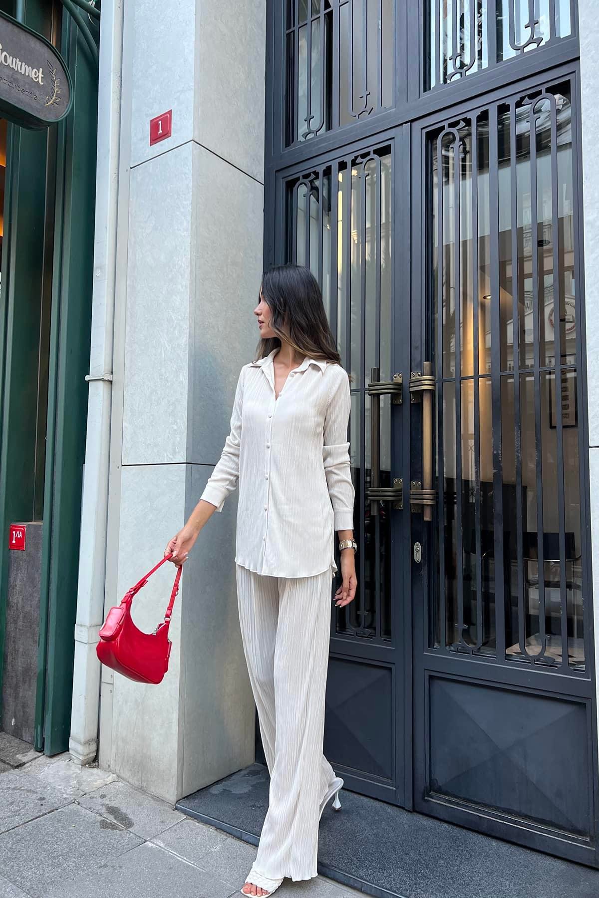 2'li Piliseli Gömlek Pantolon Taş Takım  For You Woman 2'li Piliseli Gömlek Pantolon Taş Takım