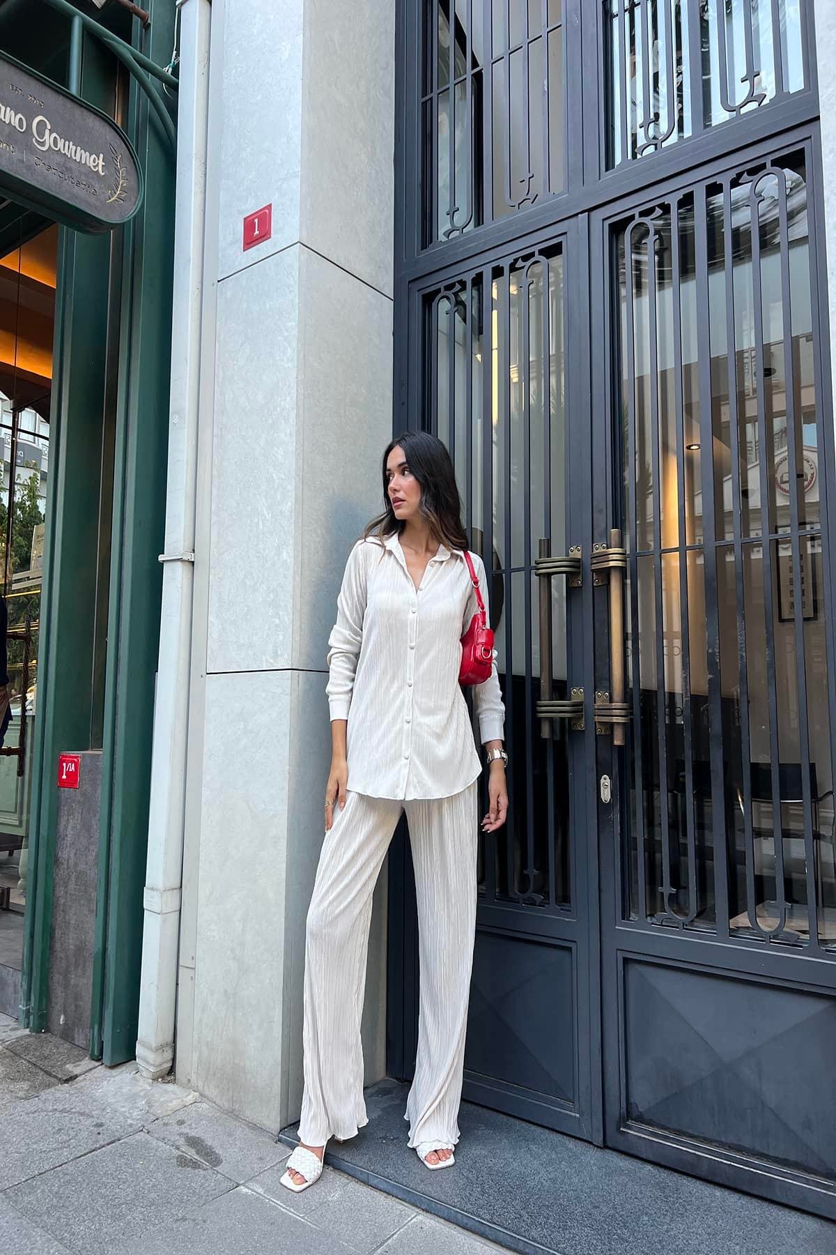 2'li Piliseli Gömlek Pantolon Taş Takım  For You Woman 2'li Piliseli Gömlek Pantolon Taş Takım