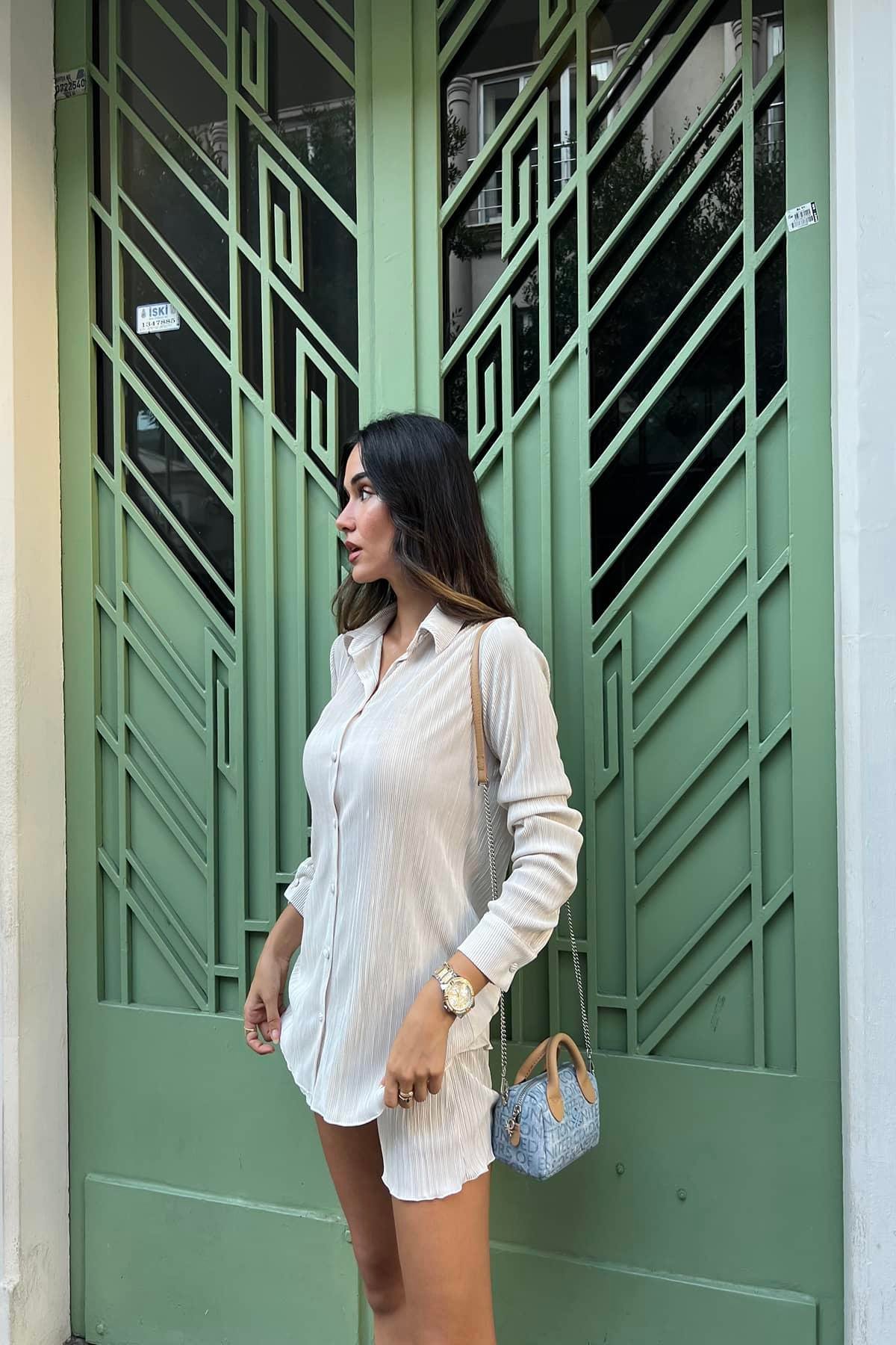 2'li Piliseli Gömlek Şort Taş Takım  For You Woman 2'li Piliseli Gömlek Şort Taş Takım