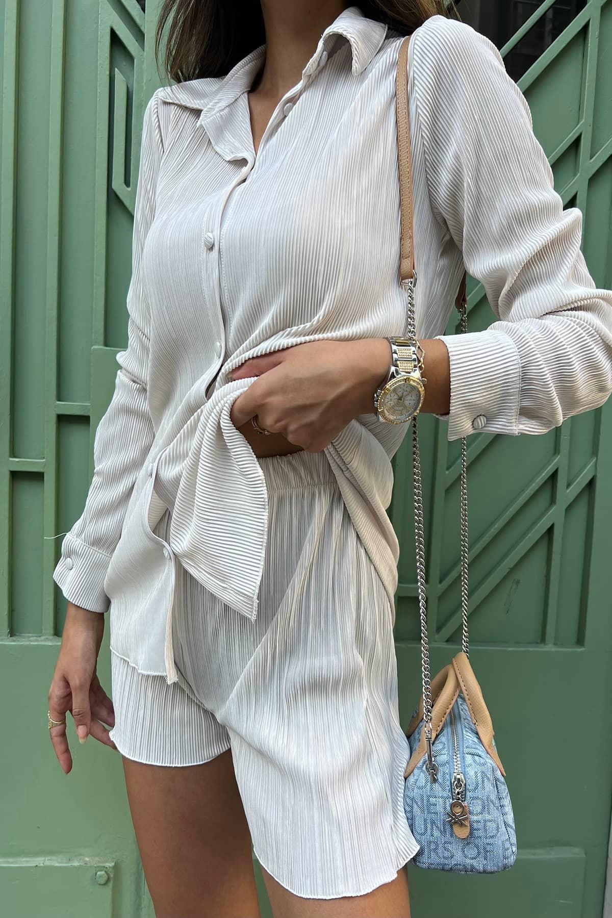 2'li Piliseli Gömlek Şort Taş Takım  For You Woman 2'li Piliseli Gömlek Şort Taş Takım