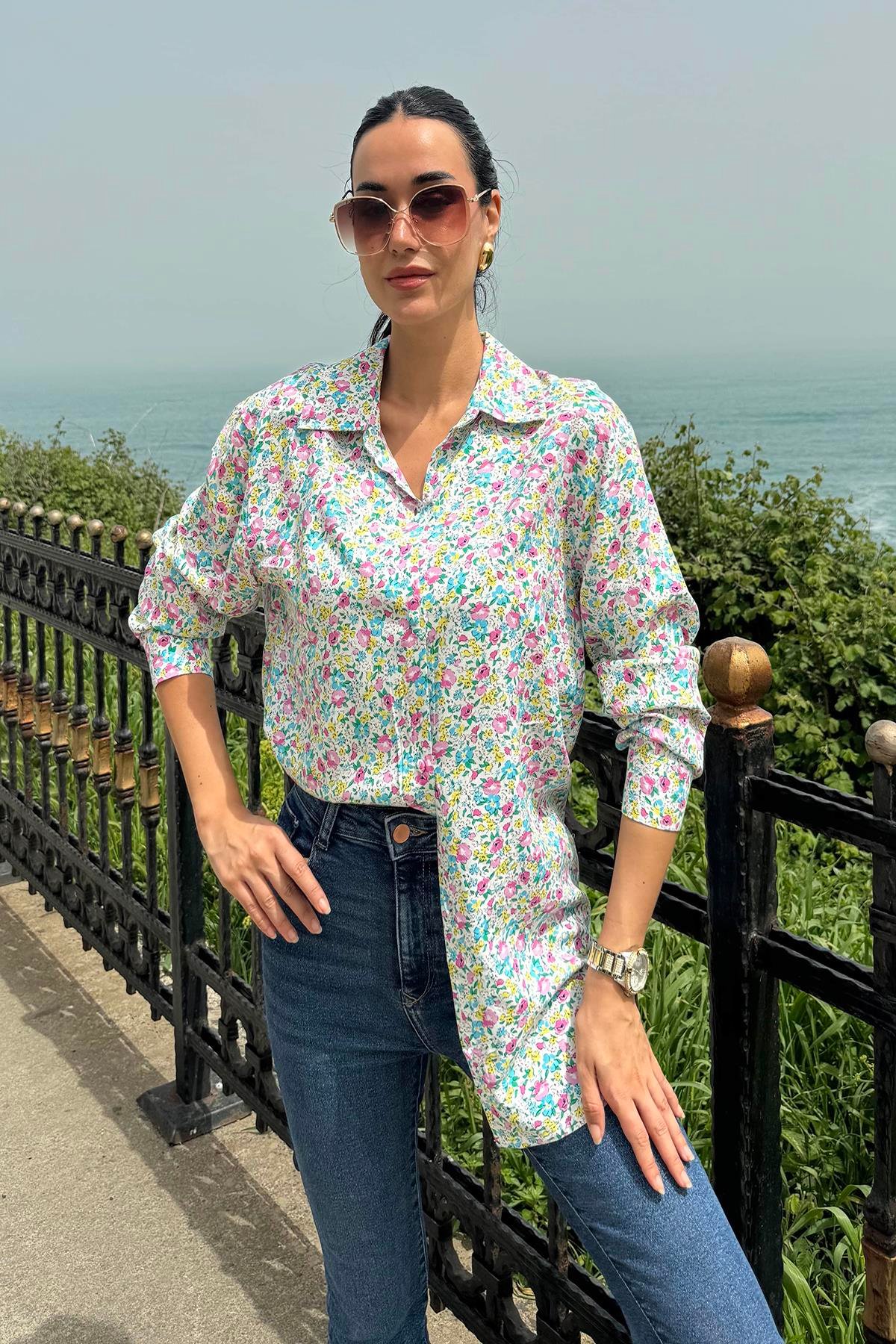 For You Woman Çiçek Desen Pembe Mavi Viskon Gömlek For You Woman Çiçek Desen Pembe Mavi Viskon Gömlek