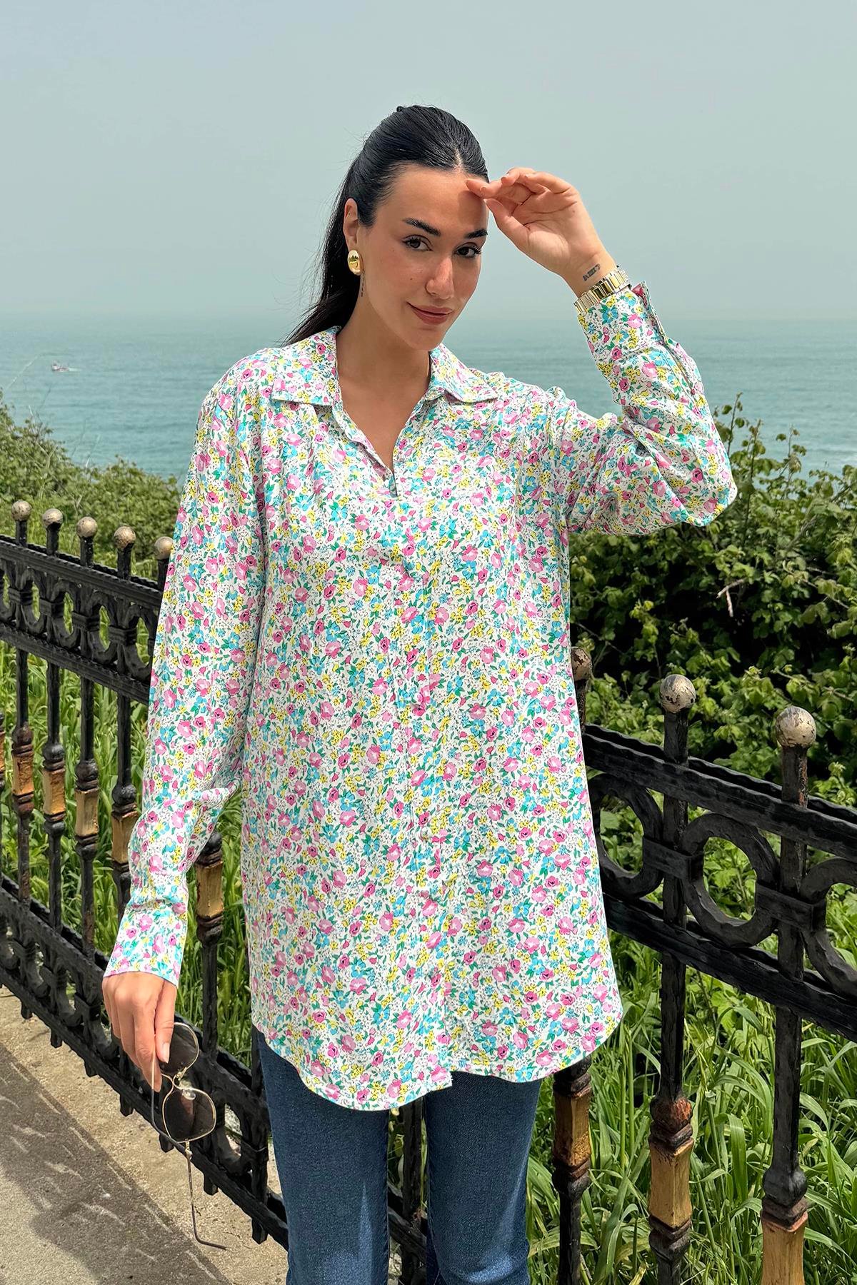 For You Woman Çiçek Desen Pembe Mavi Viskon Gömlek For You Woman Çiçek Desen Pembe Mavi Viskon Gömlek