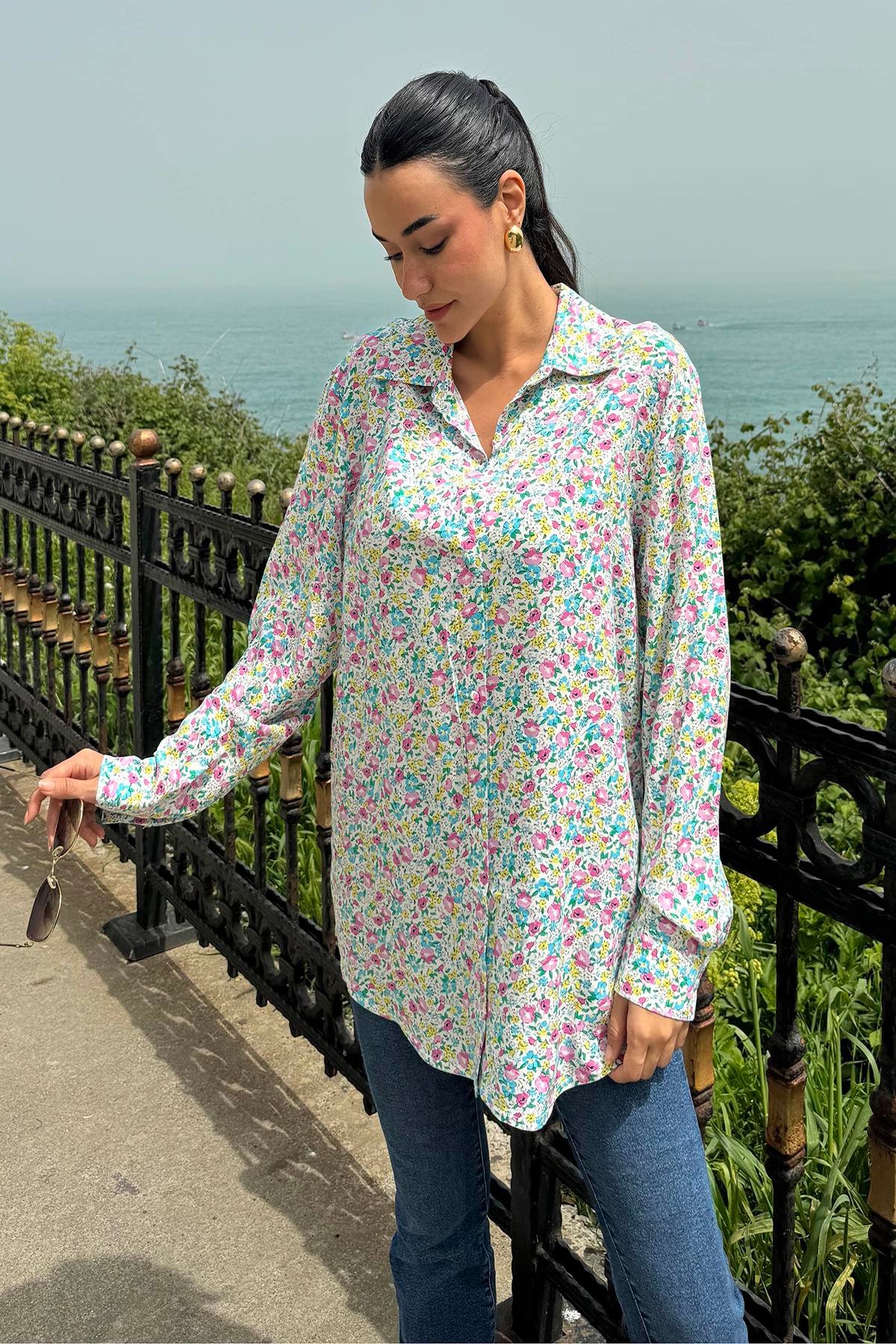 For You Woman Çiçek Desen Pembe Mavi Viskon Gömlek For You Woman Çiçek Desen Pembe Mavi Viskon Gömlek