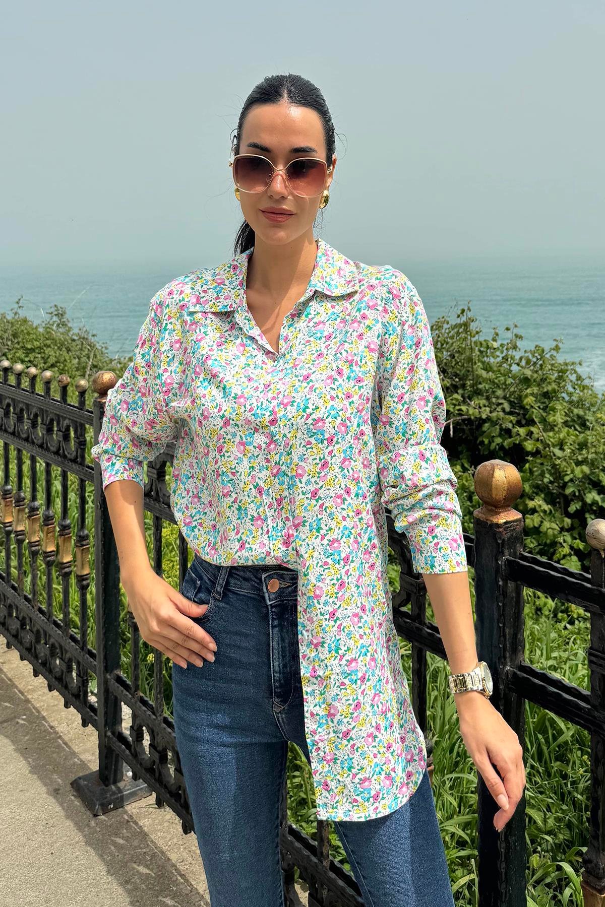 For You Woman Çiçek Desen Pembe Mavi Viskon Gömlek For You Woman Çiçek Desen Pembe Mavi Viskon Gömlek