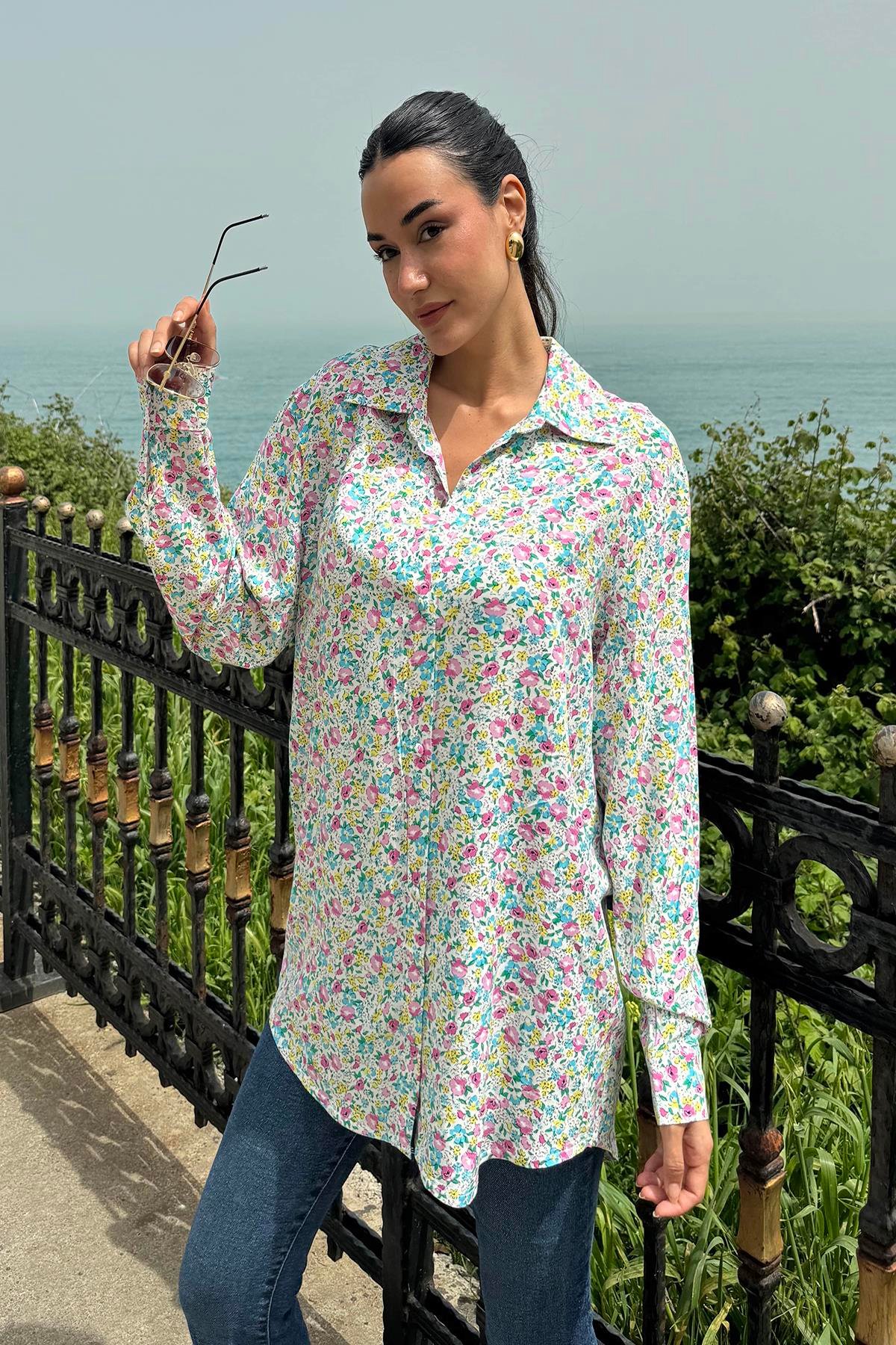 For You Woman Çiçek Desen Pembe Mavi Viskon Gömlek For You Woman Çiçek Desen Pembe Mavi Viskon Gömlek