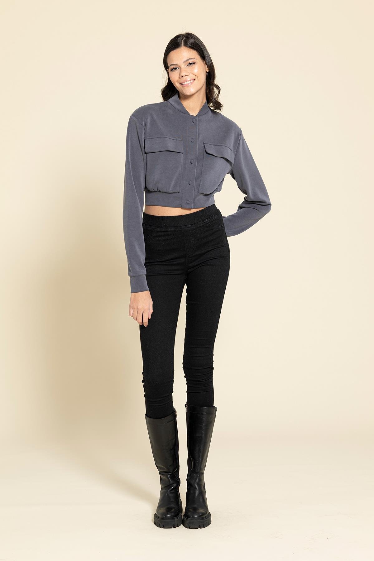 For You Woman Cupra Kumaş Antrasit Bomber Ceket For You Woman Cupra Kumaş Antrasit Bomber Ceket