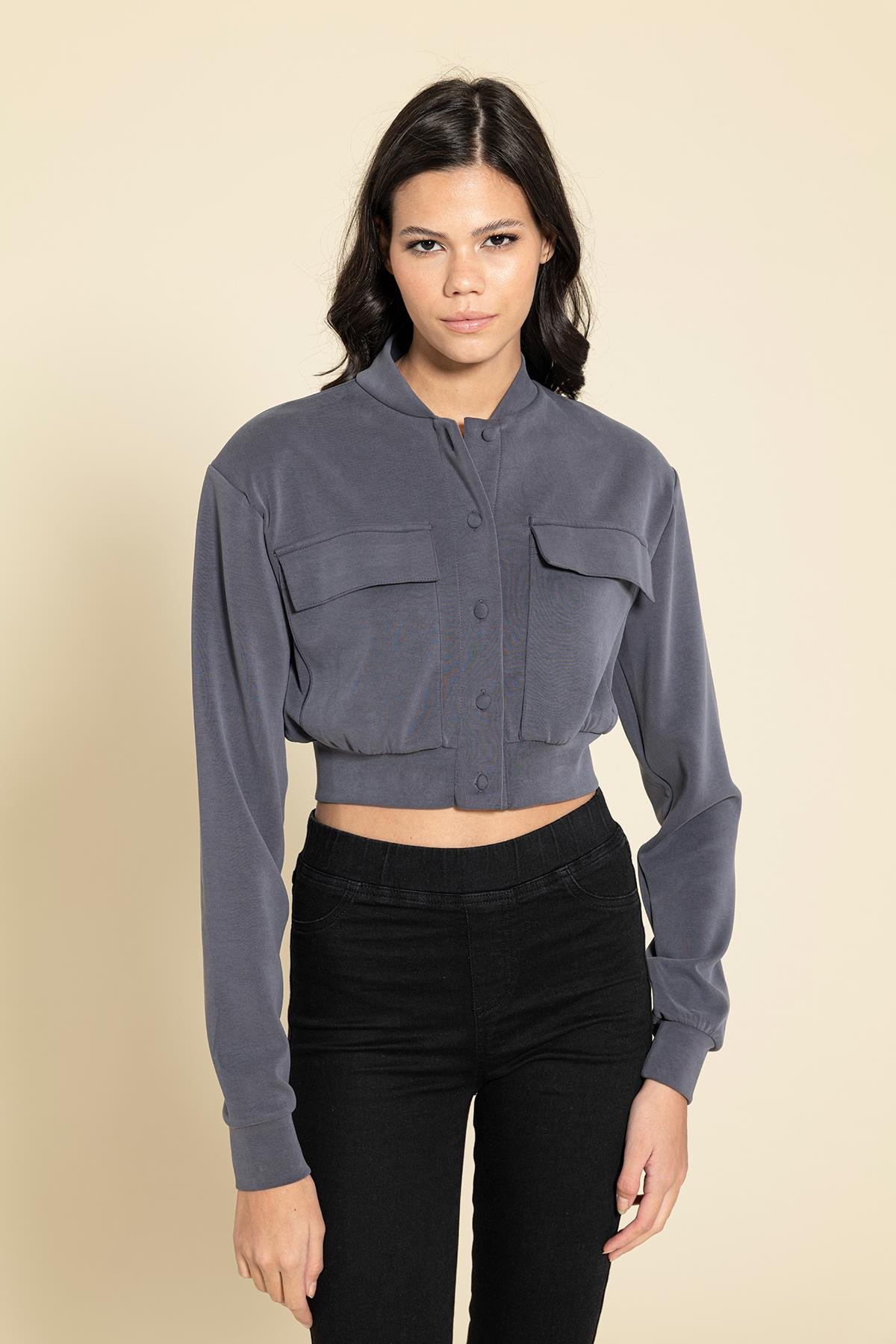 For You Woman Cupra Kumaş Antrasit Bomber Ceket For You Woman Cupra Kumaş Antrasit Bomber Ceket