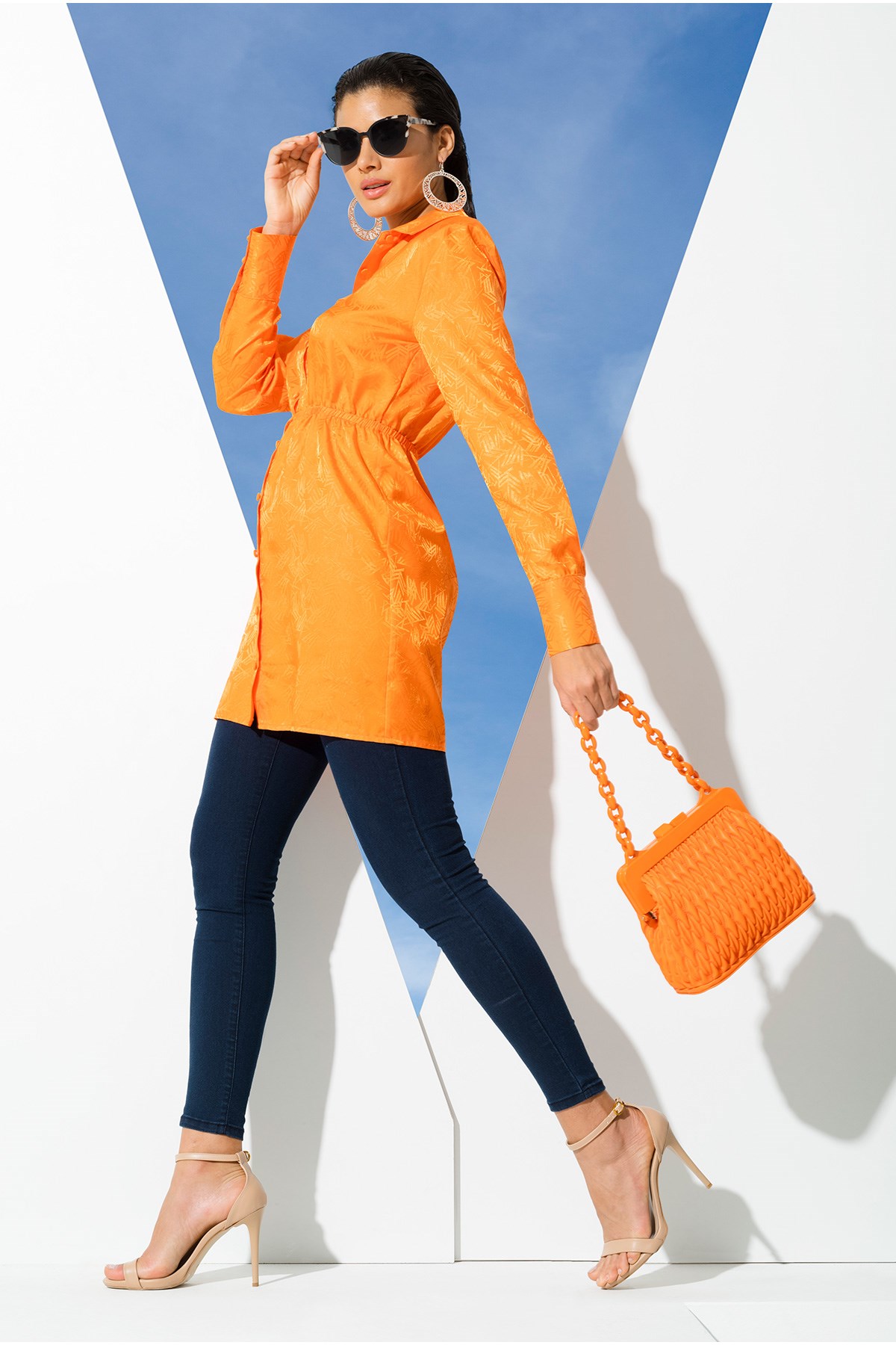 For You İn&Out/For You Moda For You Woman For You Woman Saten Jakarlı Vatkalı Turuncu Gömlek