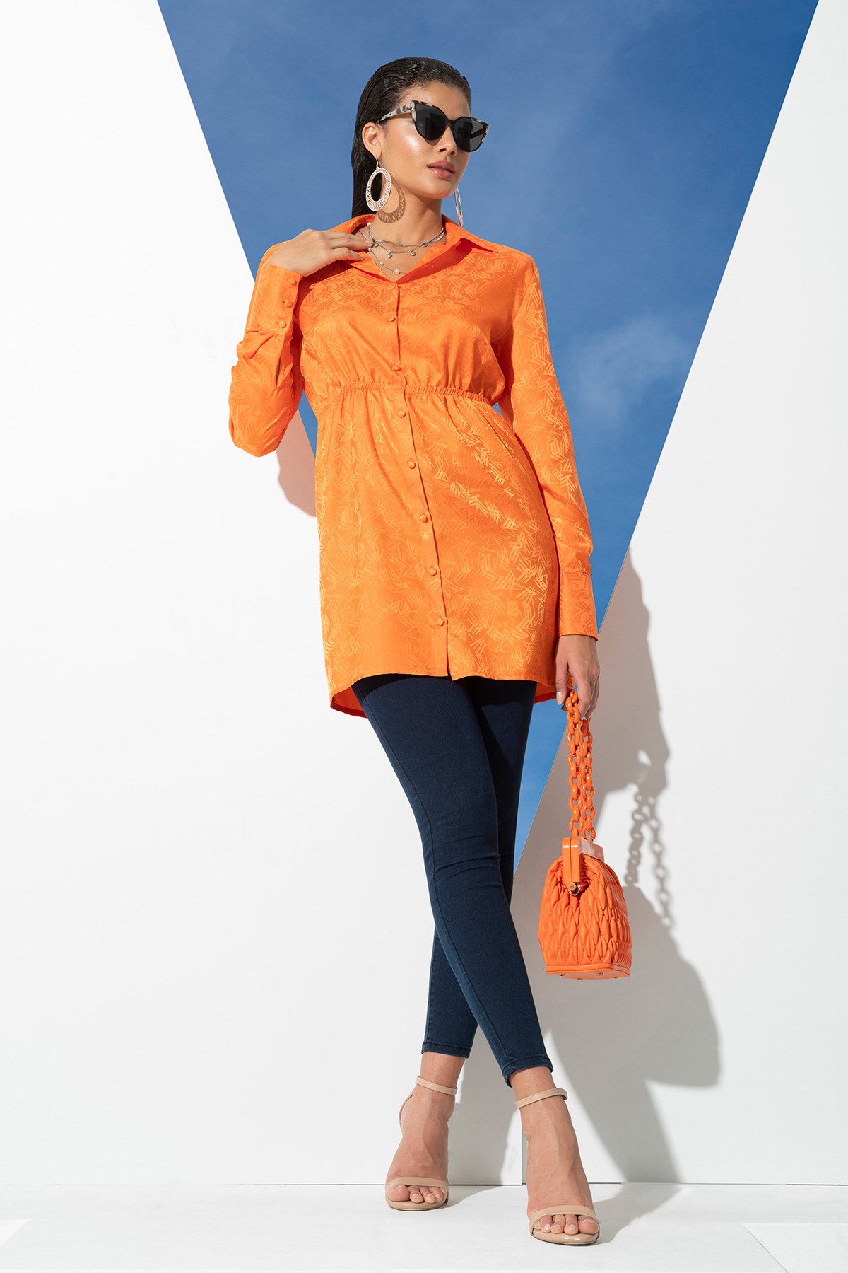 For You İn&Out/For You Moda For You Woman For You Woman Saten Jakarlı Vatkalı Turuncu Gömlek