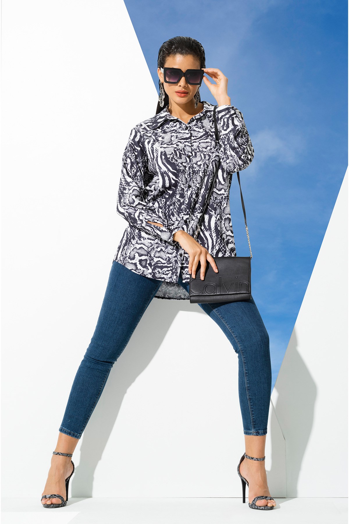 For You Woman/For You Moda For You Woman For You Woman Yılan Desen Siyah Uzun Dokuma Gömlek