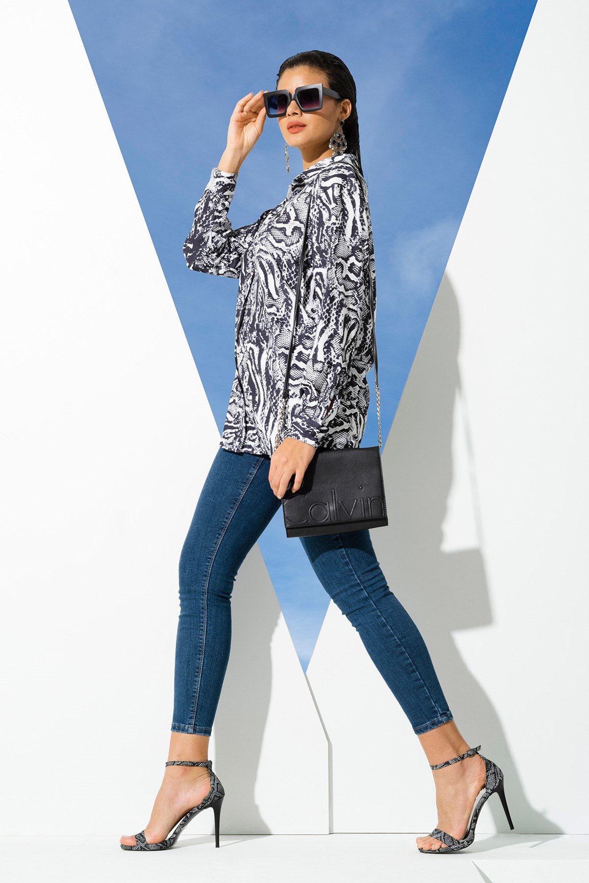 For You Woman/For You Moda For You Woman For You Woman Yılan Desen Siyah Uzun Dokuma Gömlek