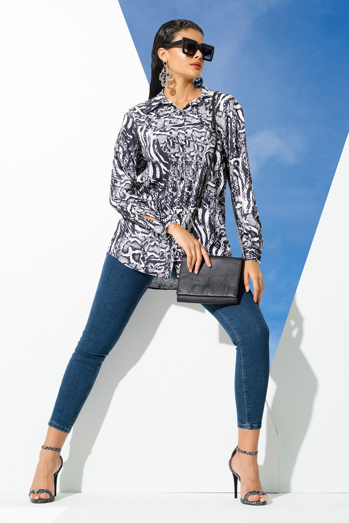 For You Woman/For You Moda For You Woman For You Woman Yılan Desen Siyah Uzun Dokuma Gömlek