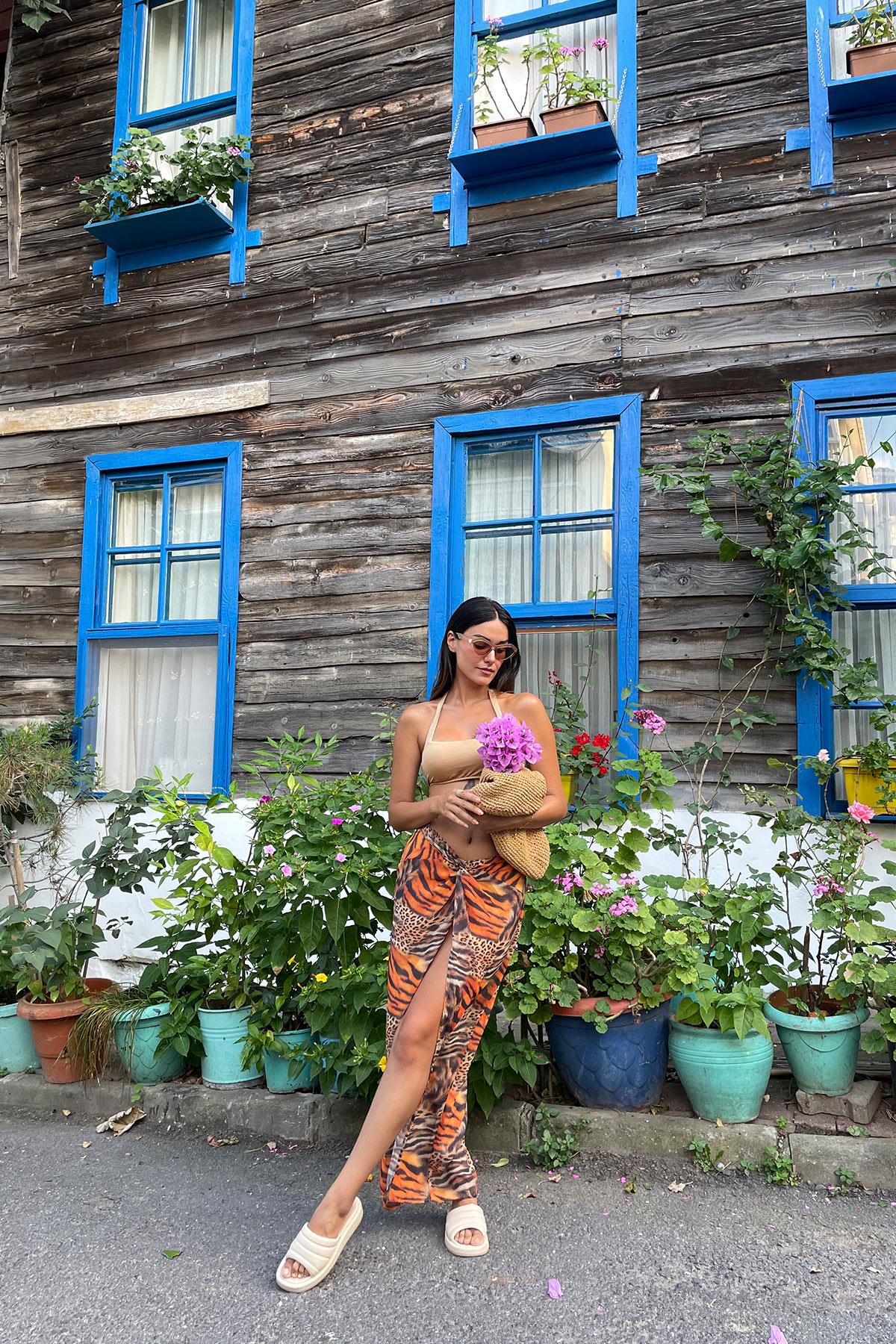 For You Woman Önden Bağlama Detaylı Şifon Leopar Siyah Eetek For You Woman Önden Bağlama Detaylı Şifon Leopar Etek