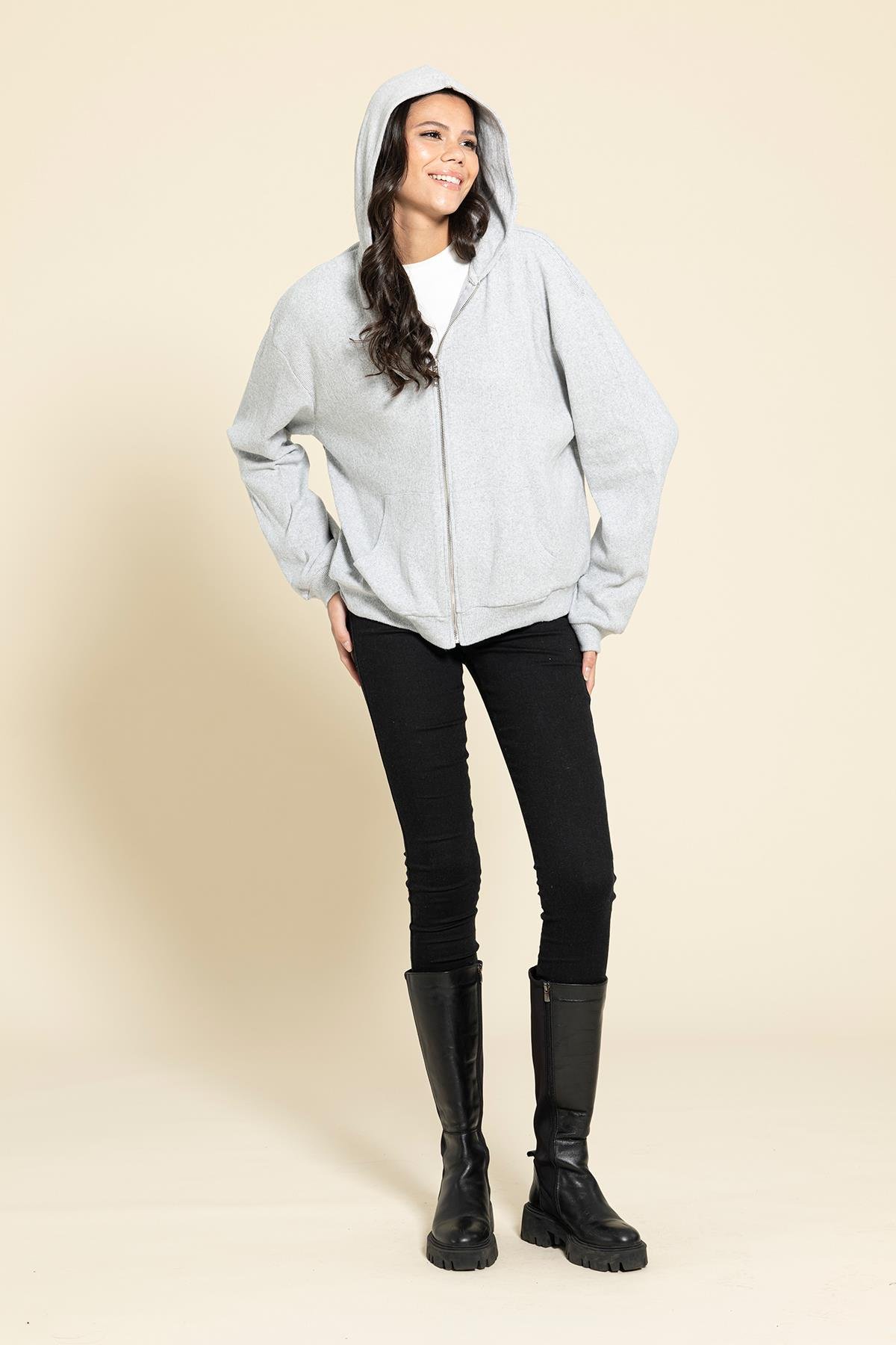 Oversize Fermuarlı Cepli Gri Sweatshirt  For You Woman Oversize Fermuarlı Cepli Gri Sweatshirt 