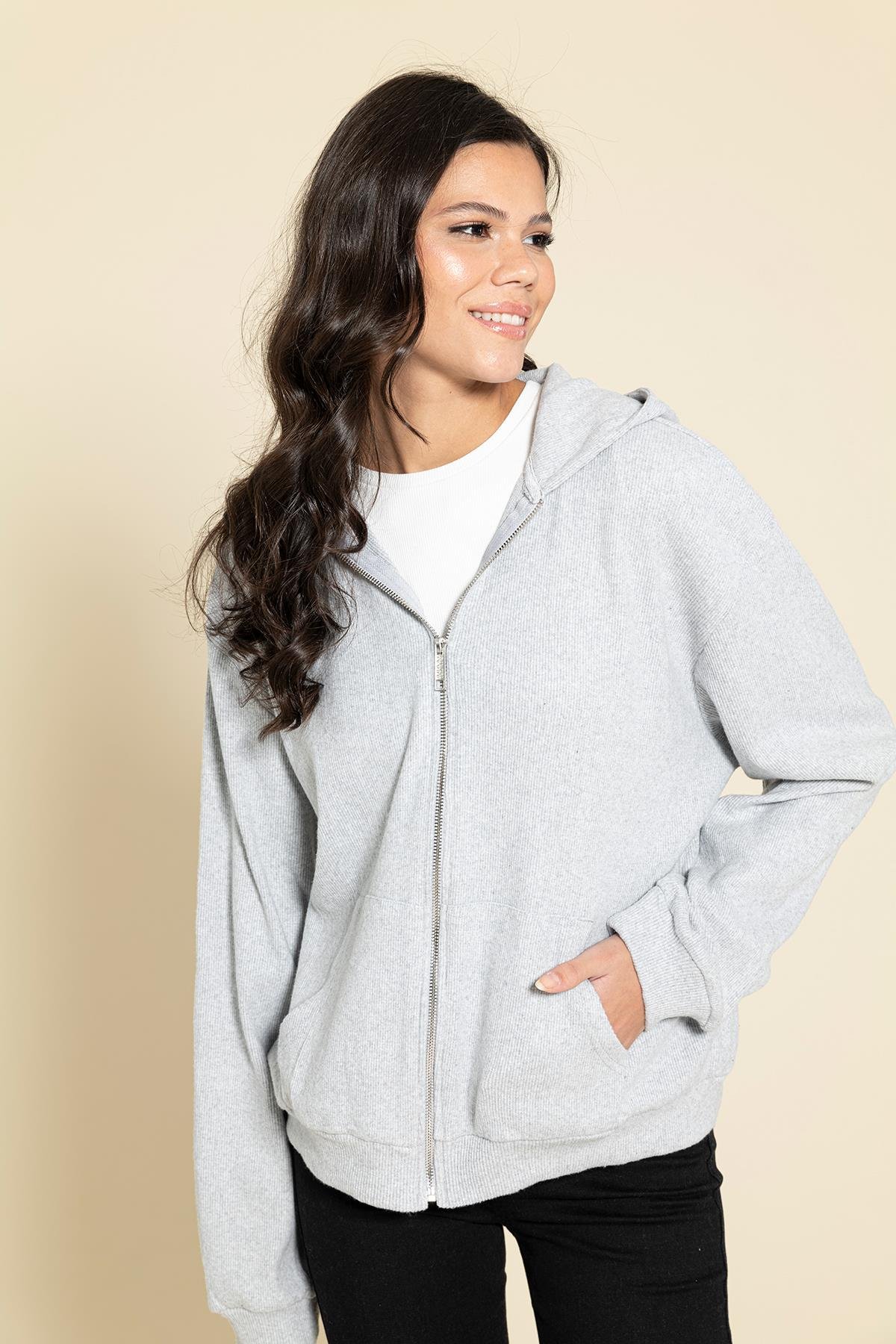 Oversize Fermuarlı Cepli Gri Sweatshirt  For You Woman Oversize Fermuarlı Cepli Gri Sweatshirt 