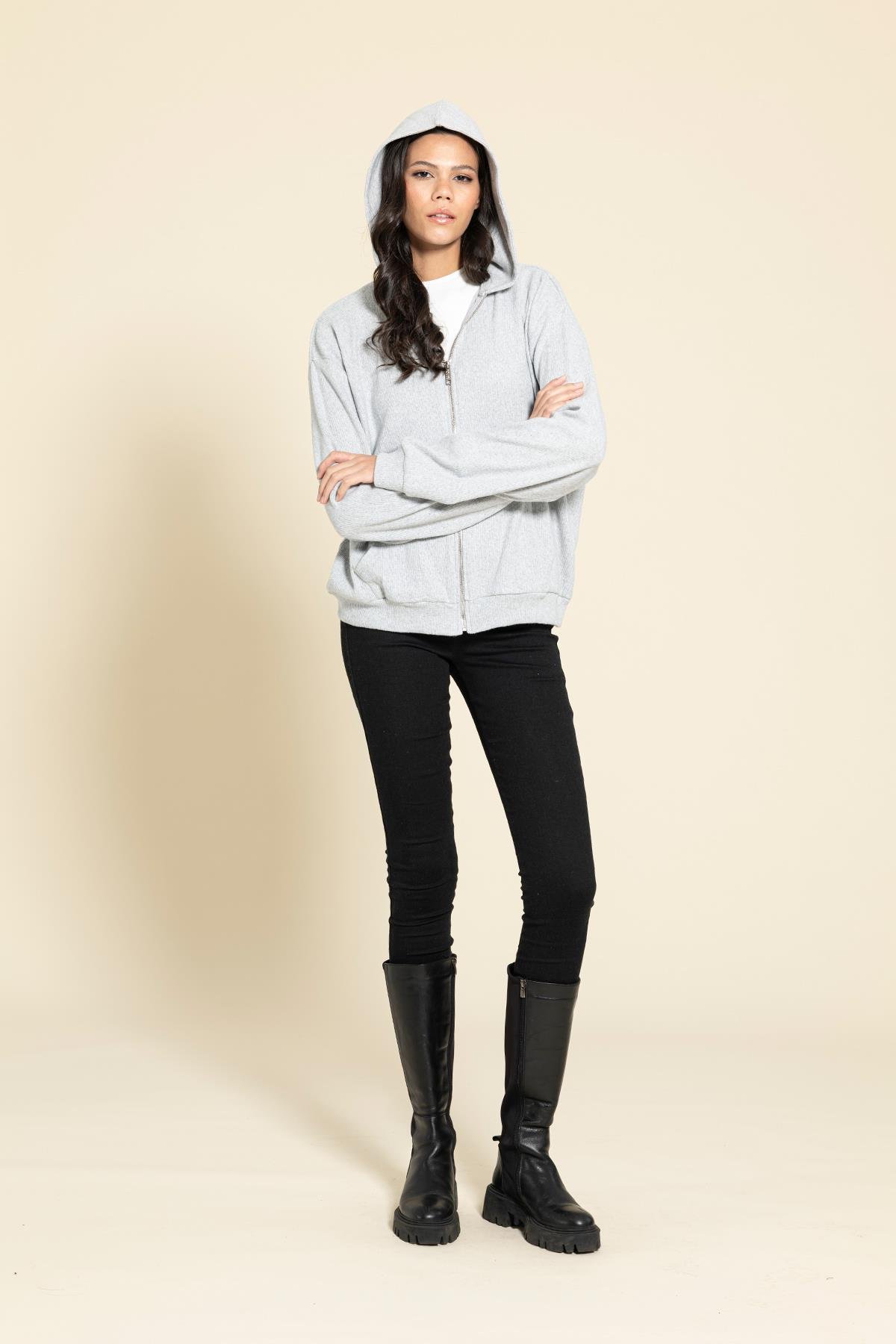 Oversize Fermuarlı Cepli Gri Sweatshirt  For You Woman Oversize Fermuarlı Cepli Gri Sweatshirt 
