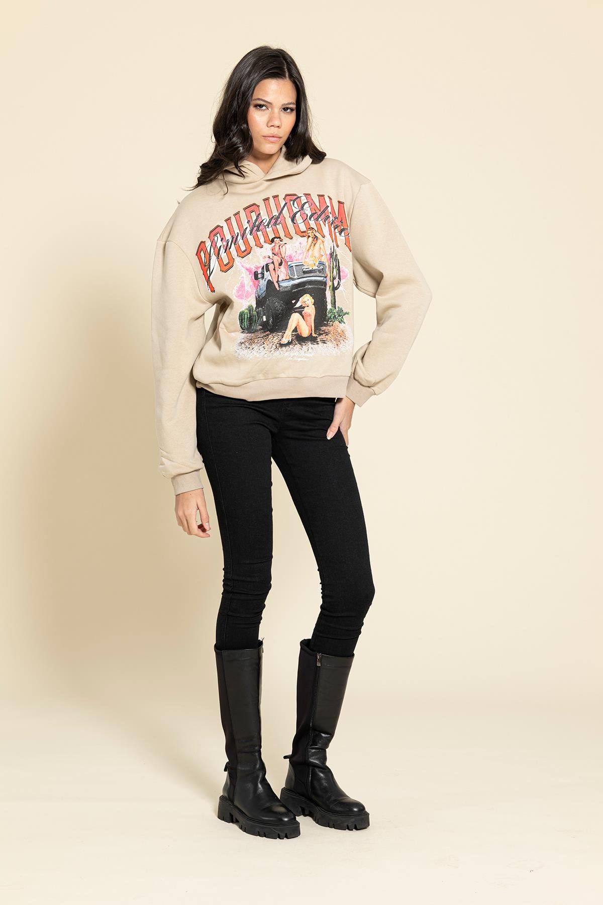 For You Woman Oversize Kapişonlu Baskılı Taş Sweatshirt  For You Woman Oversize Kapişonlu Baskılı Taş Sweatshirt