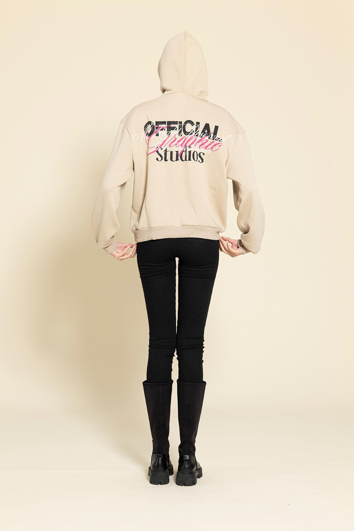 For You Woman Oversize Kapişonlu Baskılı Taş Sweatshirt  For You Woman Oversize Kapişonlu Baskılı Taş Sweatshirt