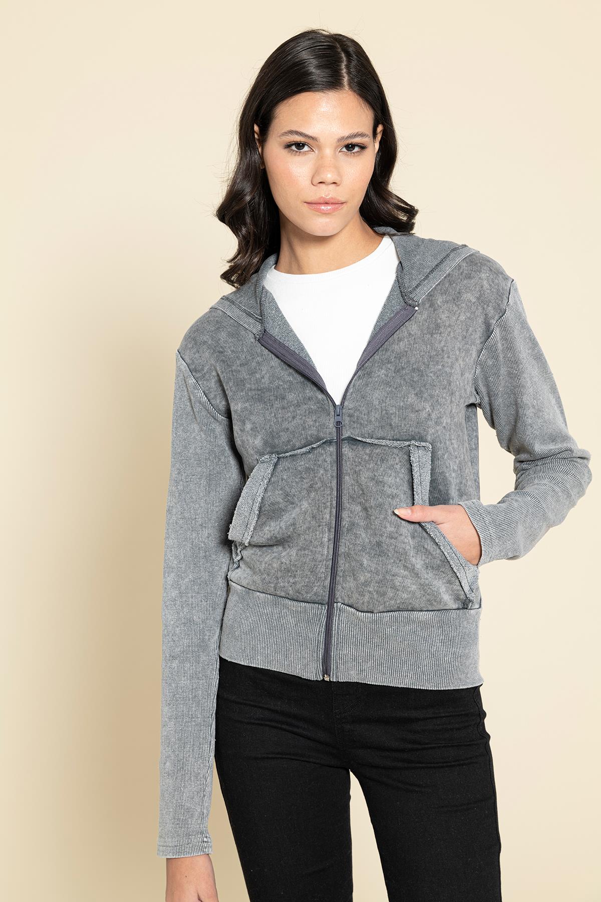 For You Woman Yıkamalı Fermuarlı Kapişonlu Gri Sweatshirt For You Woman Yıkamalı Fermuarlı Kapişonlu Gri Sweatshirt