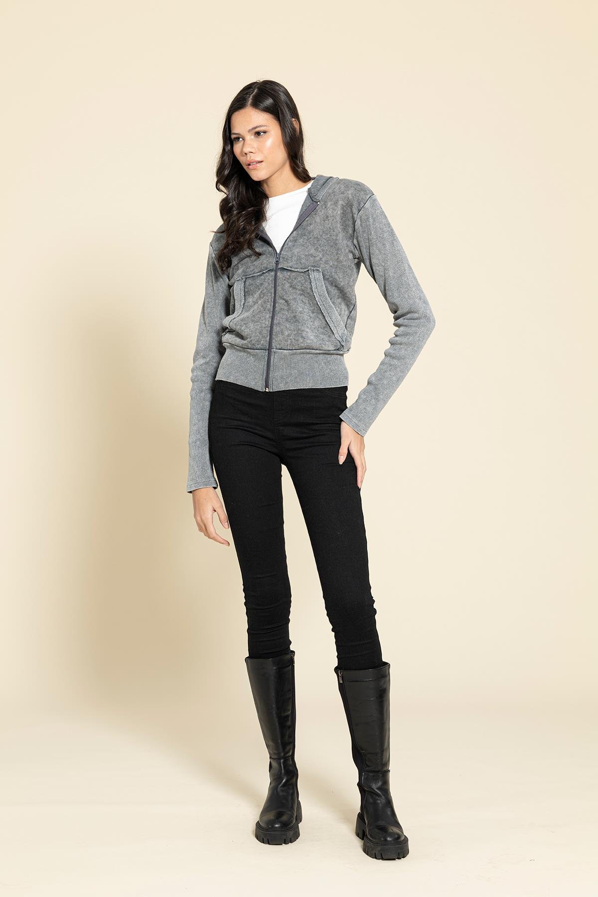 For You Woman Yıkamalı Fermuarlı Kapişonlu Gri Sweatshirt For You Woman Yıkamalı Fermuarlı Kapişonlu Gri Sweatshirt