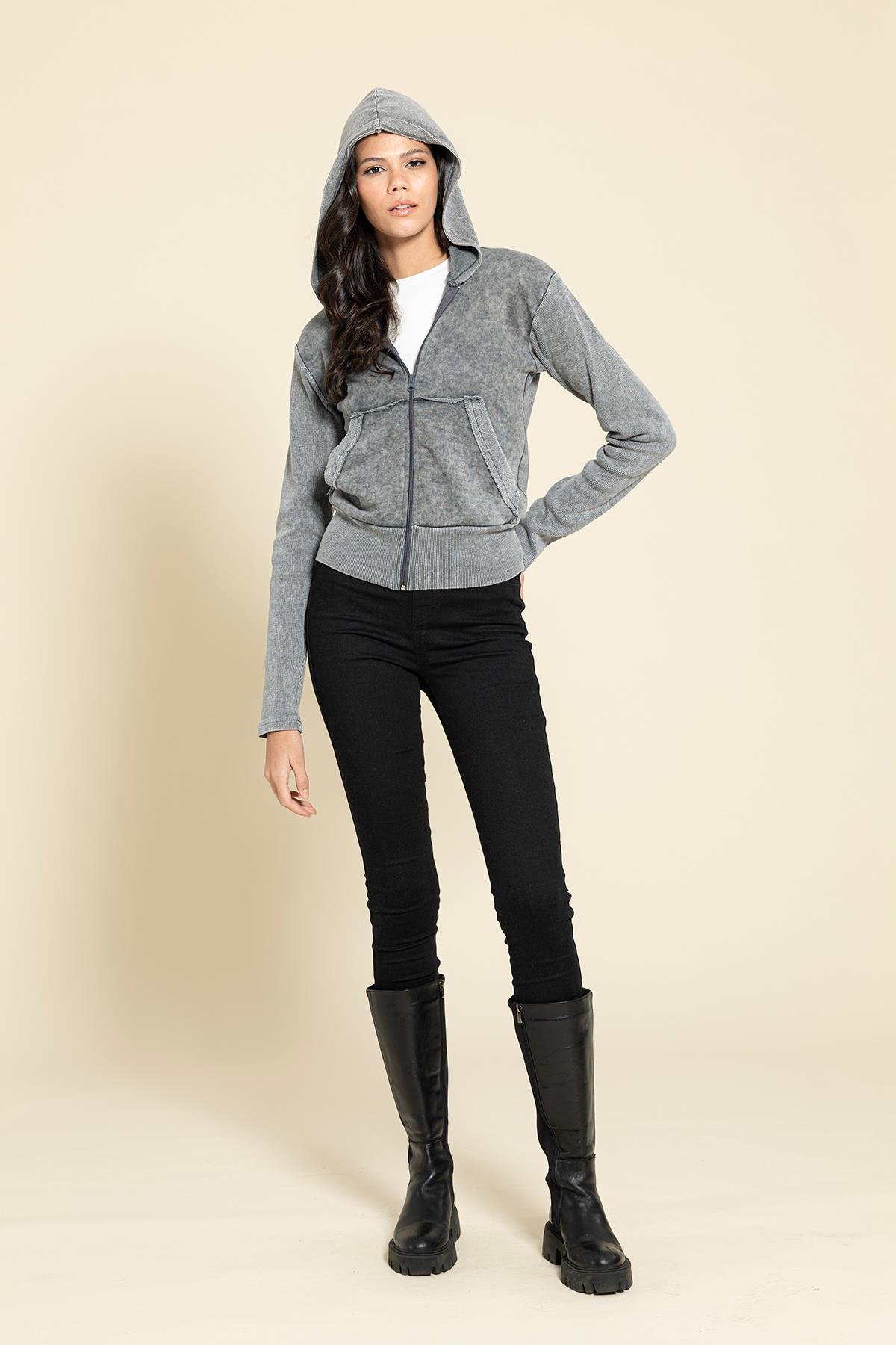 For You Woman Yıkamalı Fermuarlı Kapişonlu Gri Sweatshirt For You Woman Yıkamalı Fermuarlı Kapişonlu Gri Sweatshirt