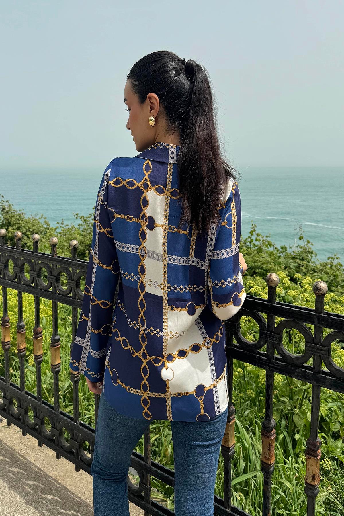 For You Woman Gömlek For You Woman Zincir  Desenli  Saks Gömlek