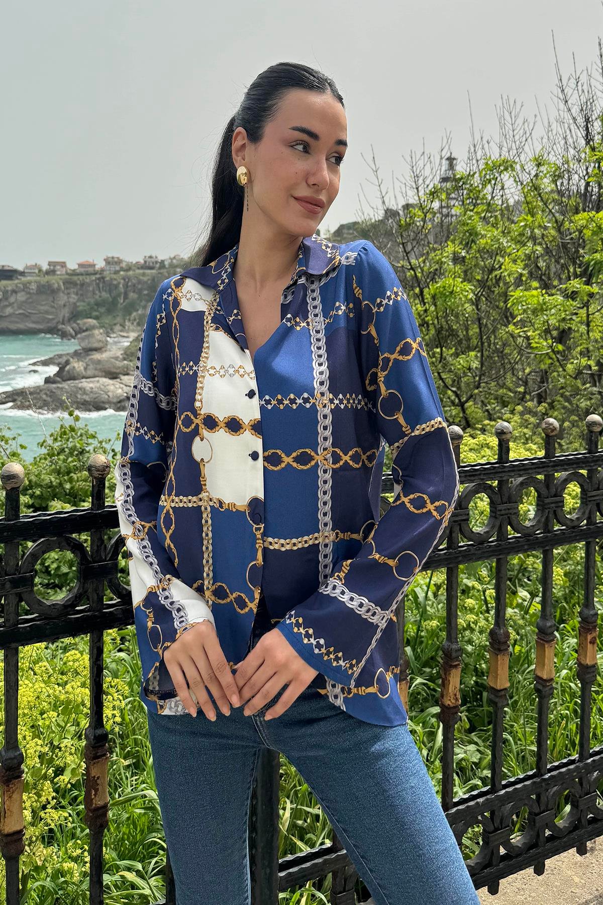 For You Woman Gömlek For You Woman Zincir  Desenli  Saks Gömlek