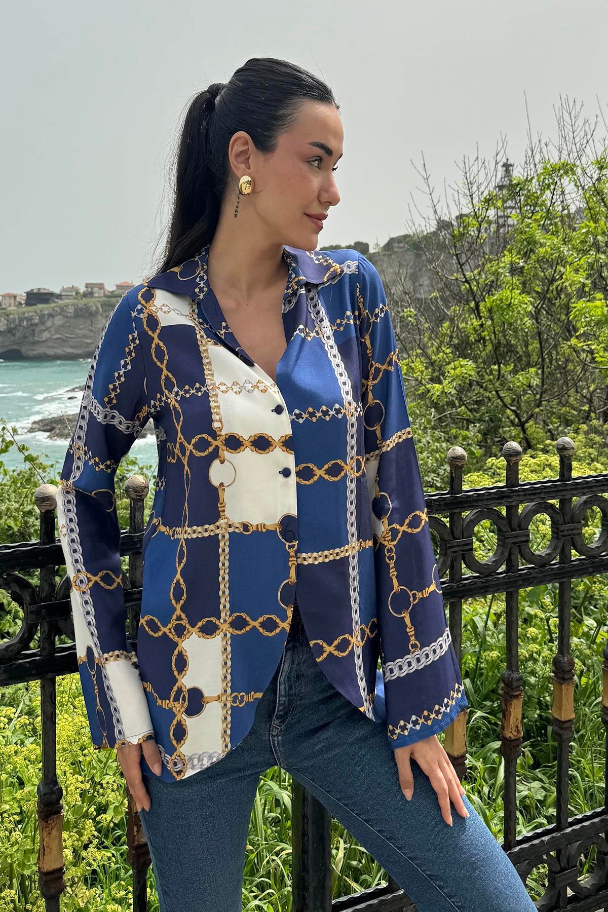 For You Woman Gömlek For You Woman Zincir  Desenli  Saks Gömlek