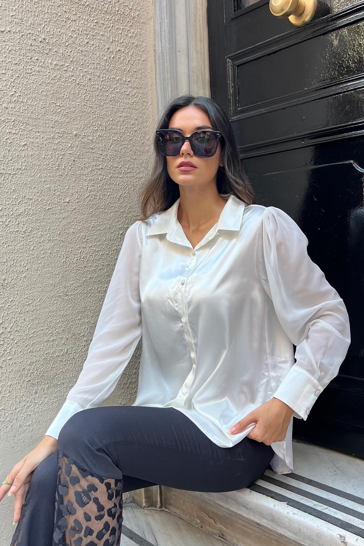 Kolu Şifon Detaylı Beyaz Saten Gömlek  Limited For You Kolu Şifon Detaylı Beyaz Saten Gömlek 