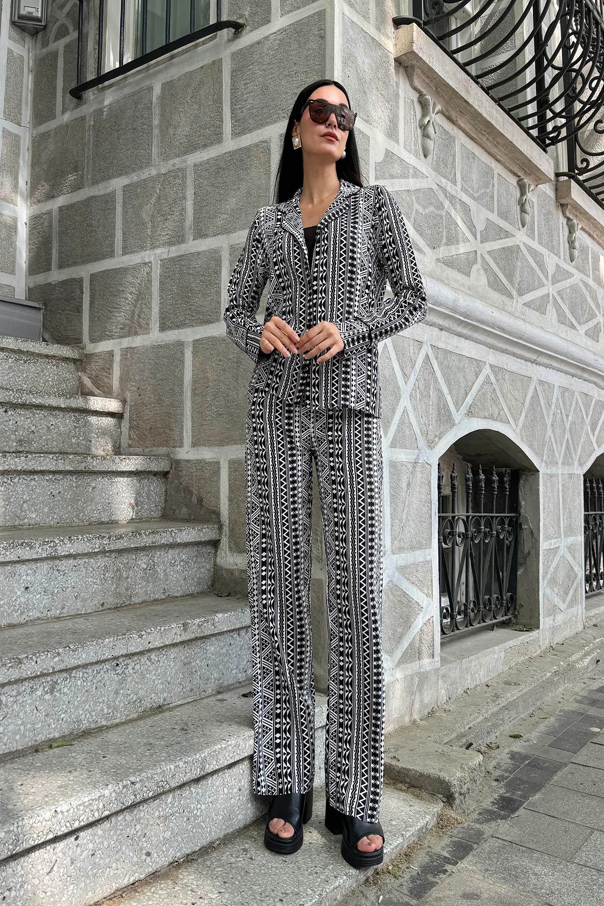 Now Moda 3'lü Viskon Desenli Bustiyer Pantolon Siyah Takım Now Moda 3'lü Viskon Desenli Bustiyer Pantolon Siyah Takım