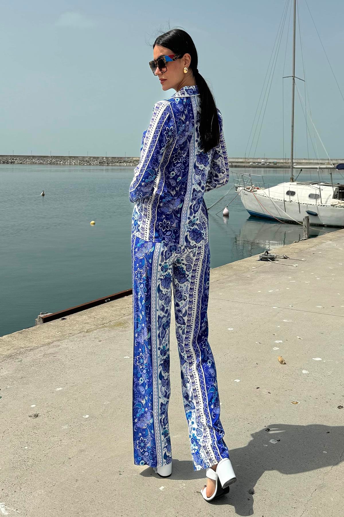 Now Moda 3'lü Viskon Desenli Bustiyer Pantolon Mavi Takım Now Moda 3'lü Viskon Desenli Bustiyer Pantolon Mavi Takım