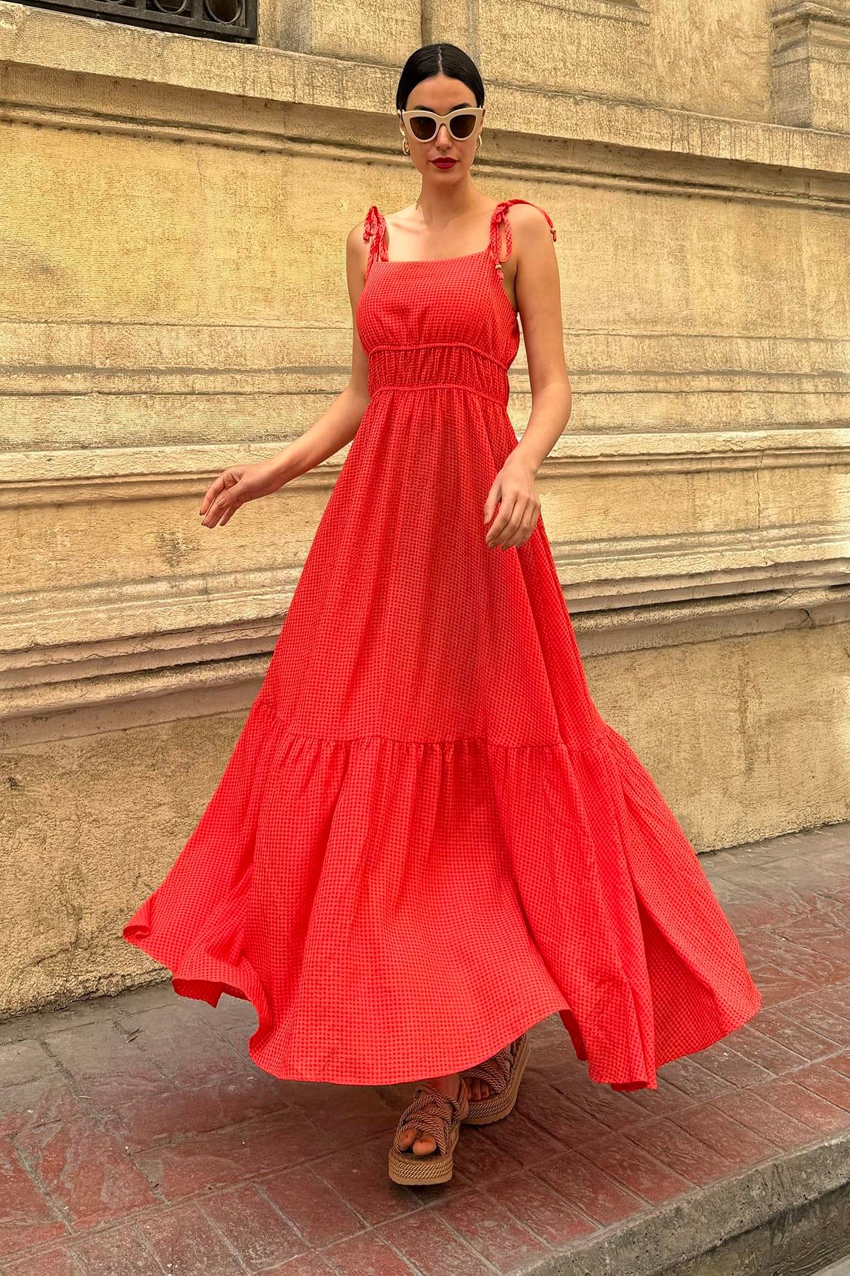 Now Moda Askılı Gipeli Gofre Uzun Turuncu Elbise Now Moda Askılı Gipeli Gofre Uzun Turuncu Elbise